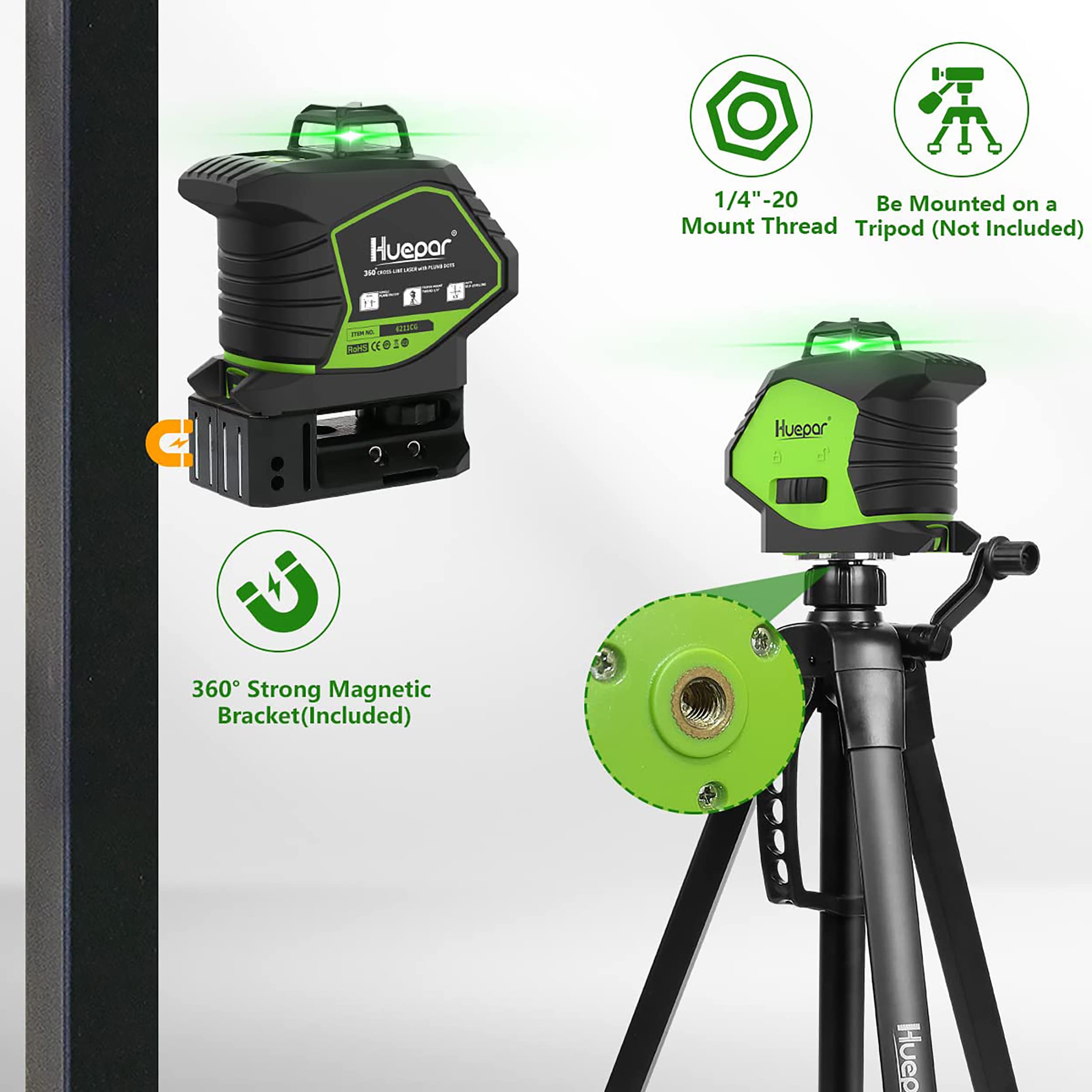 Nivel láser de líneas cruzadas / plomadas autonivelante de 360 grados verde de 197 pies Huepar 6211CG