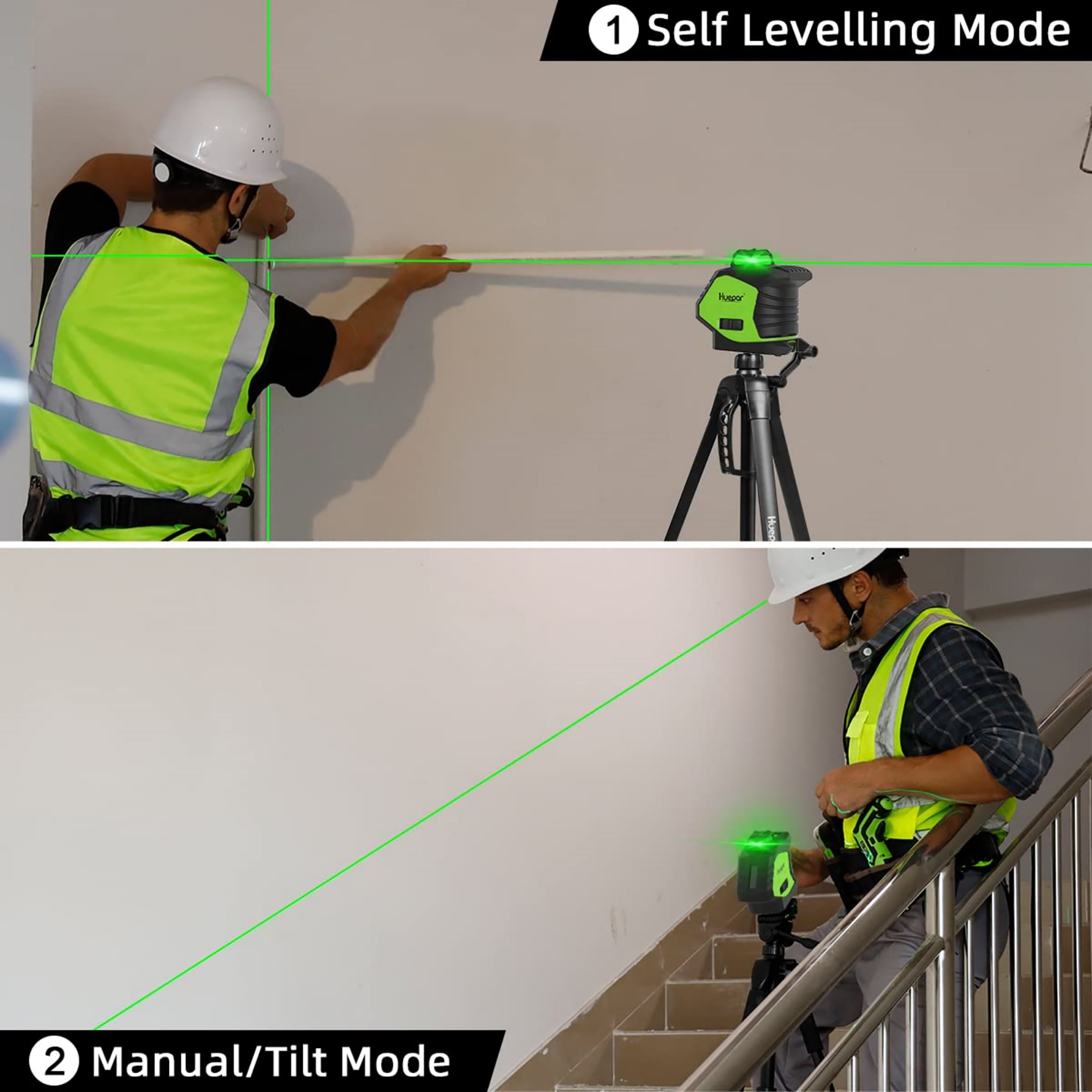 Nivel láser de líneas cruzadas / plomadas autonivelante de 360 grados verde de 197 pies Huepar 6211CG