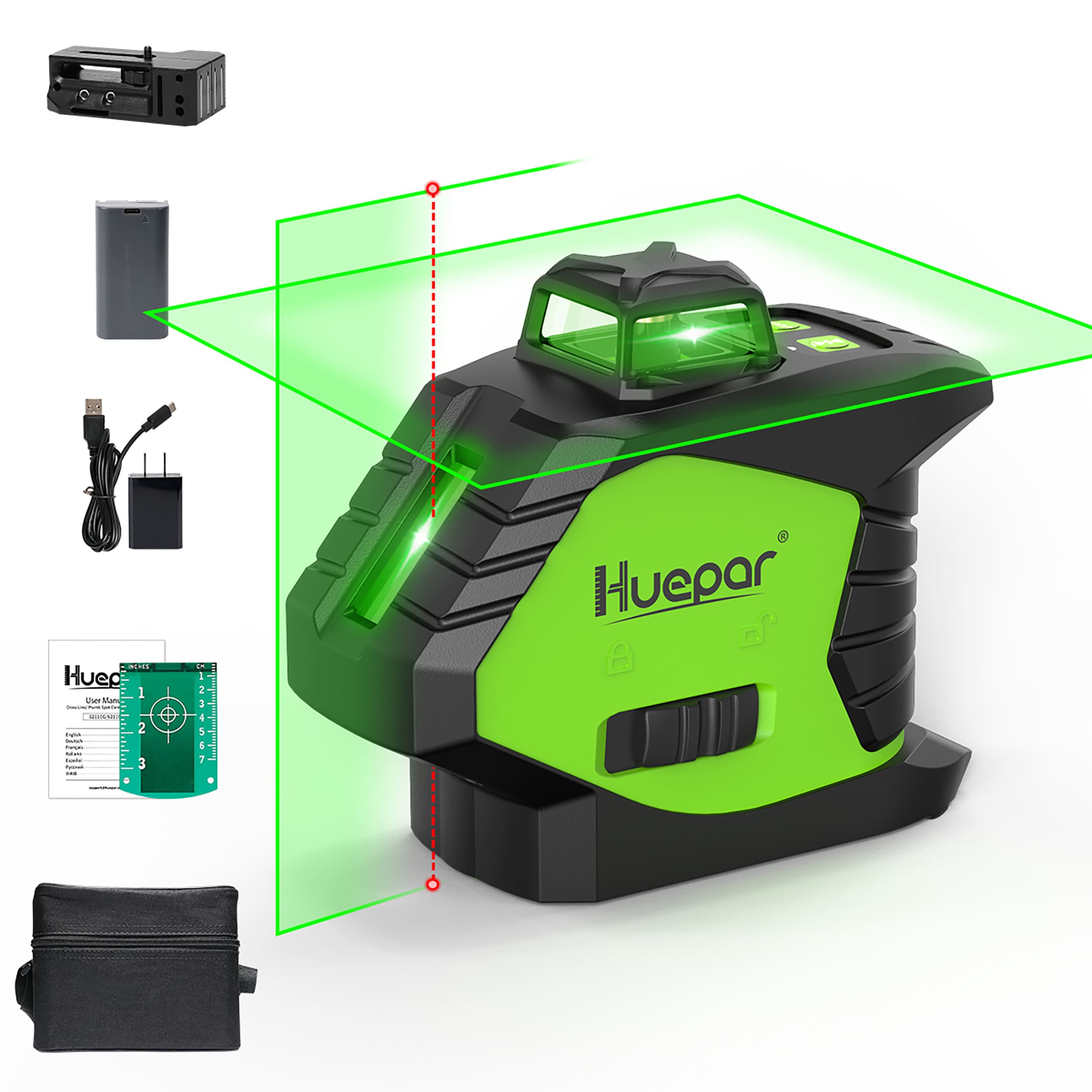 Nivel láser de líneas cruzadas / plomadas autonivelante de 360 grados verde de 197 pies Huepar 6211CG