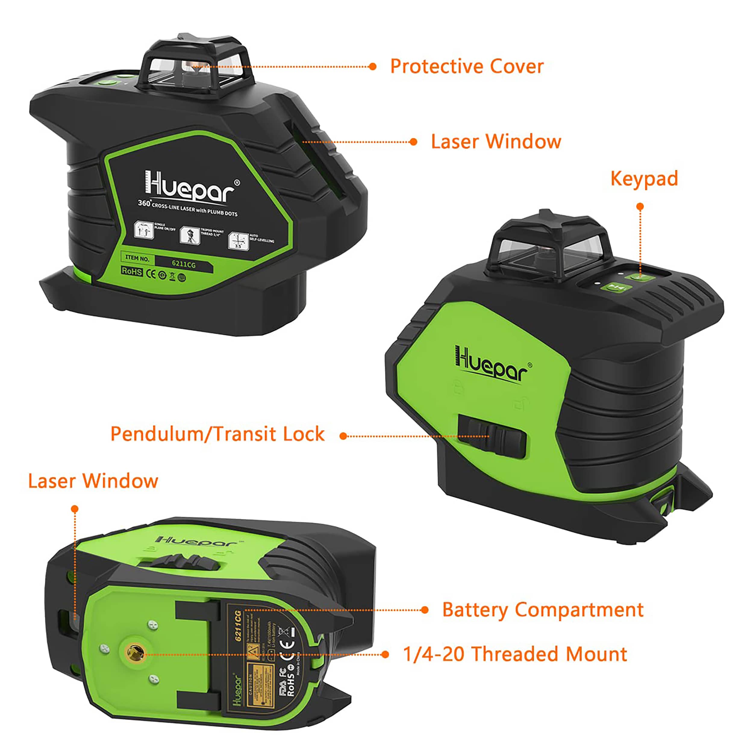 Nivel láser de líneas cruzadas / plomadas autonivelante de 360 grados verde de 197 pies Huepar 6211CG