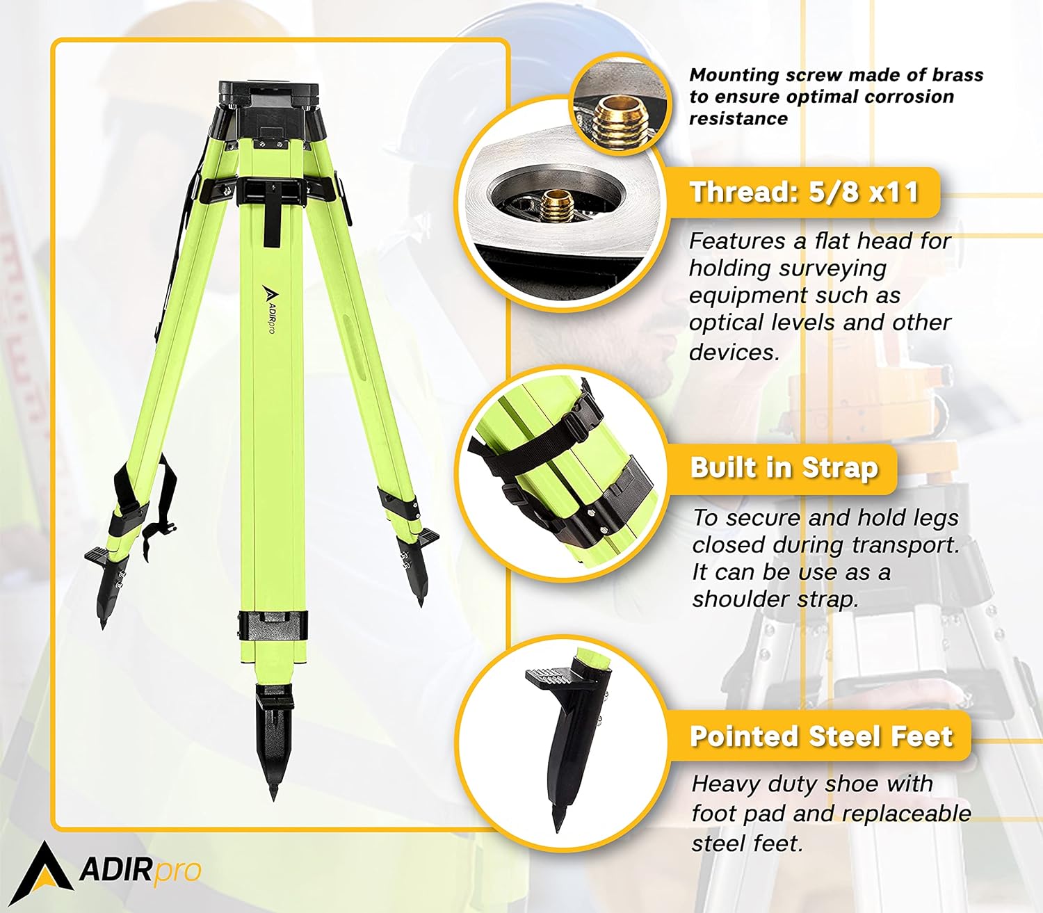 Trípode de aluminio extensible AdirPro de 63 pulgadas, color verde visual alto 740-02-HVG
