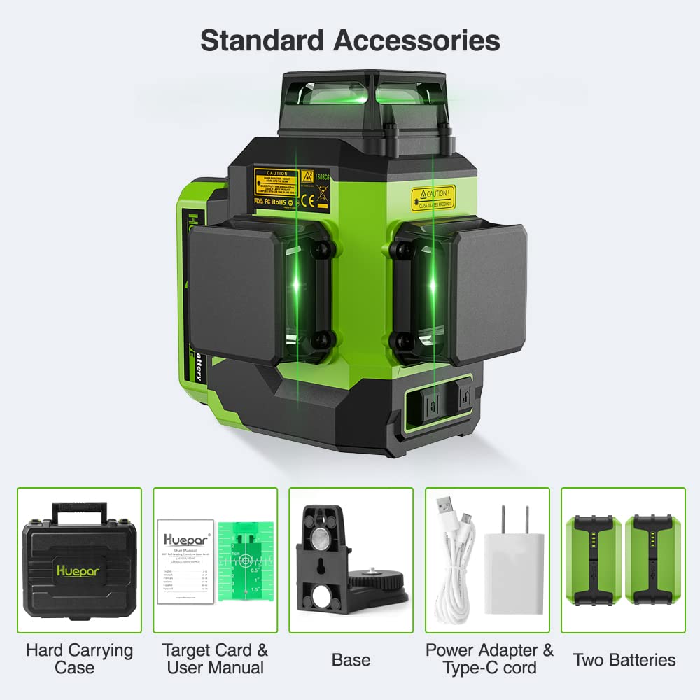 Nivel láser de líneas cruzadas autonivelante Huepar LS03CG de 360 grados y 197 pies en verde