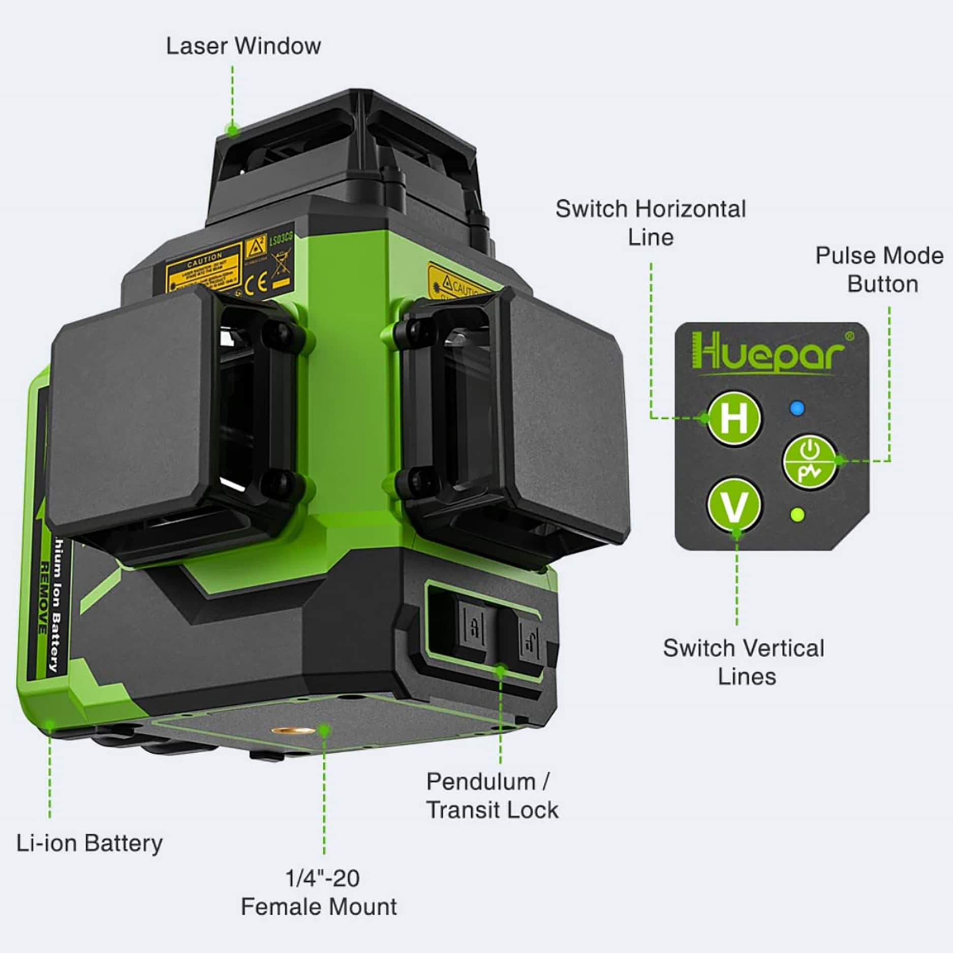 Nivel láser de líneas cruzadas autonivelante Huepar LS03CG de 360 grados y 197 pies en verde