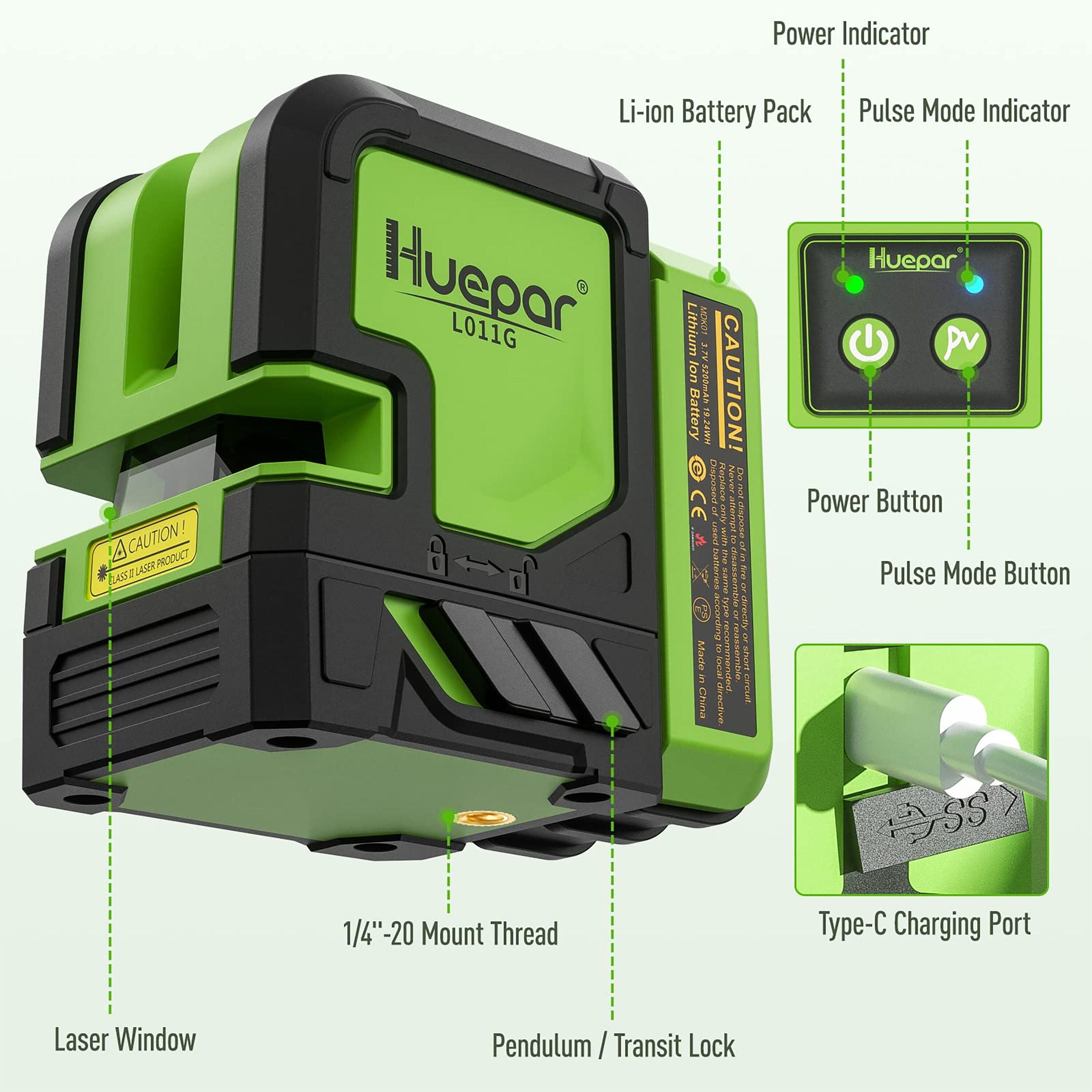 Nivel láser autonivelante de líneas cruzadas verde Huepar 165 pies L011G