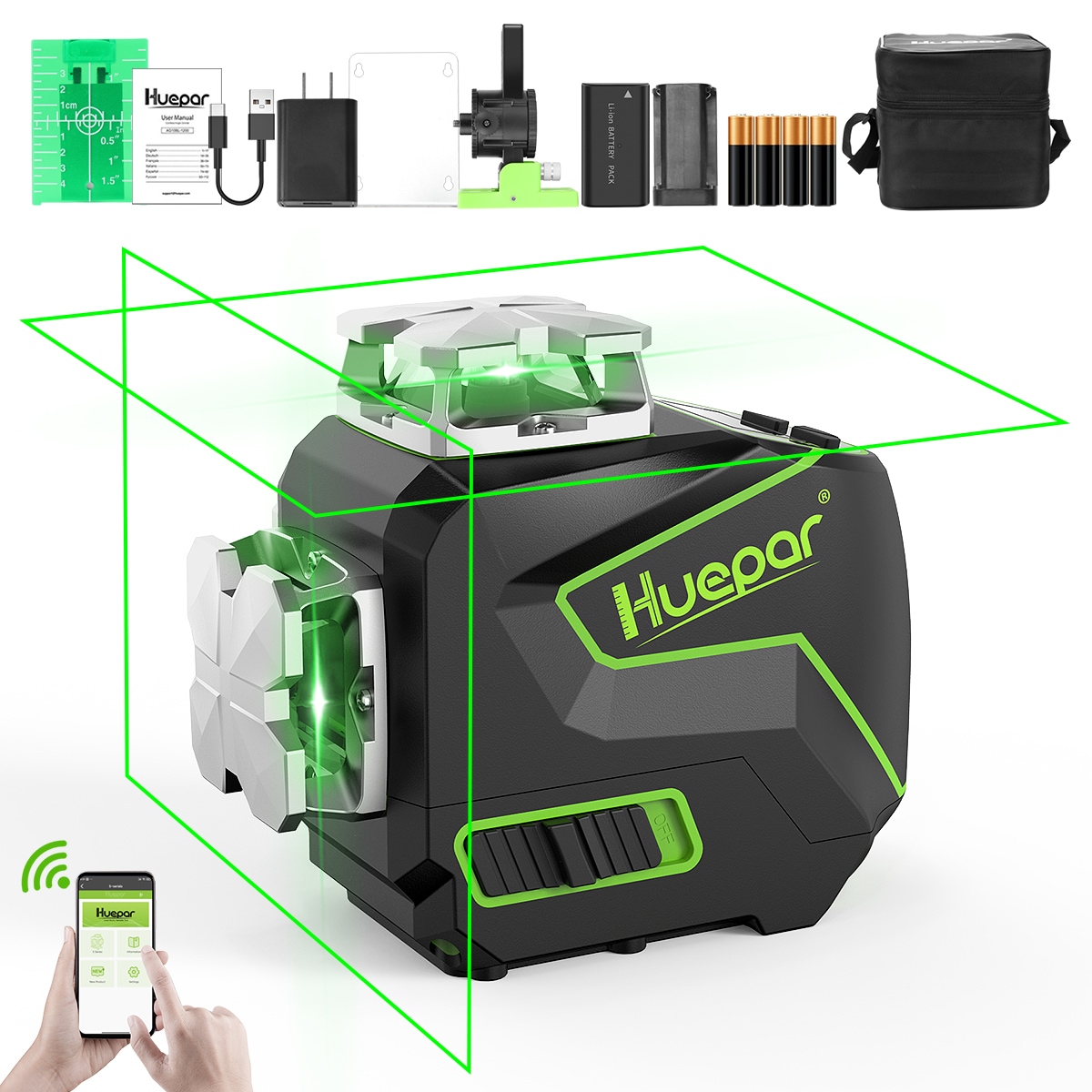 Nivel láser de líneas cruzadas autonivelante de 360 grados verde de 200 pies Huepar S02CG