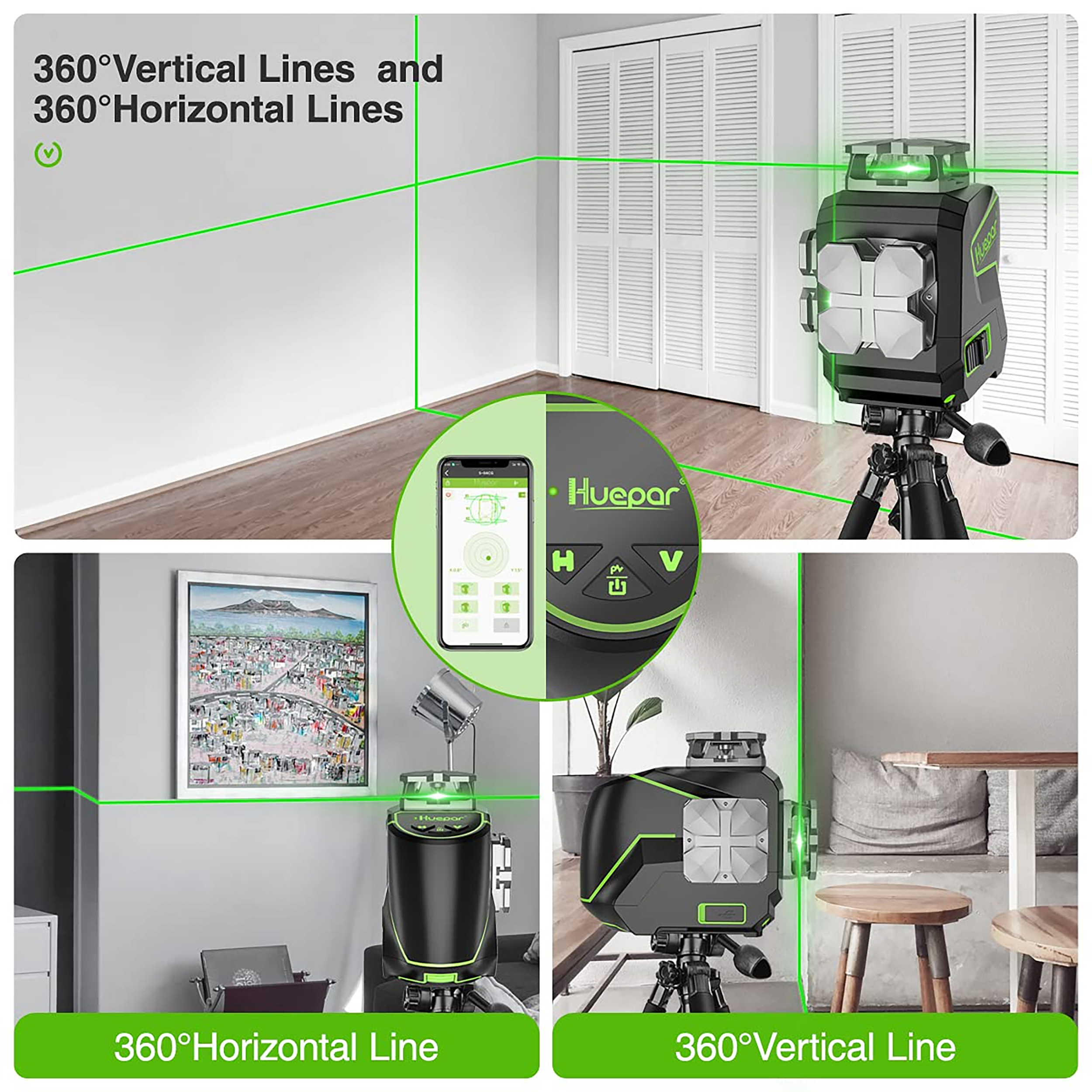 Nivel láser de líneas cruzadas autonivelante de 360 grados verde de 200 pies Huepar S02CG