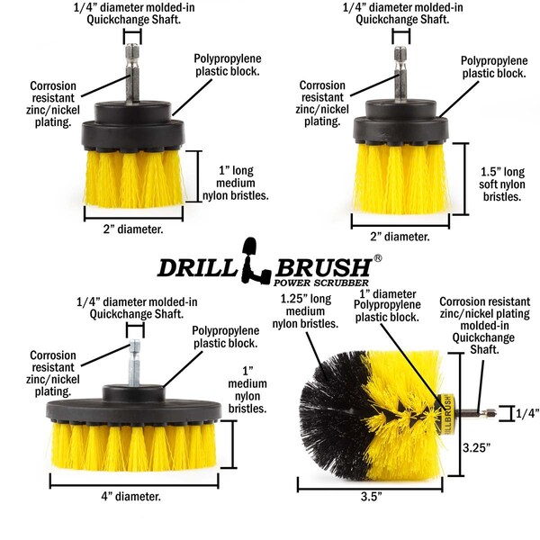 Cepillo para taladro Power Scrubber de Useful Products 5 pulgadas de ancho 5 pulgadas de largo, amarillo - Y-42OS-2L-QC-DB