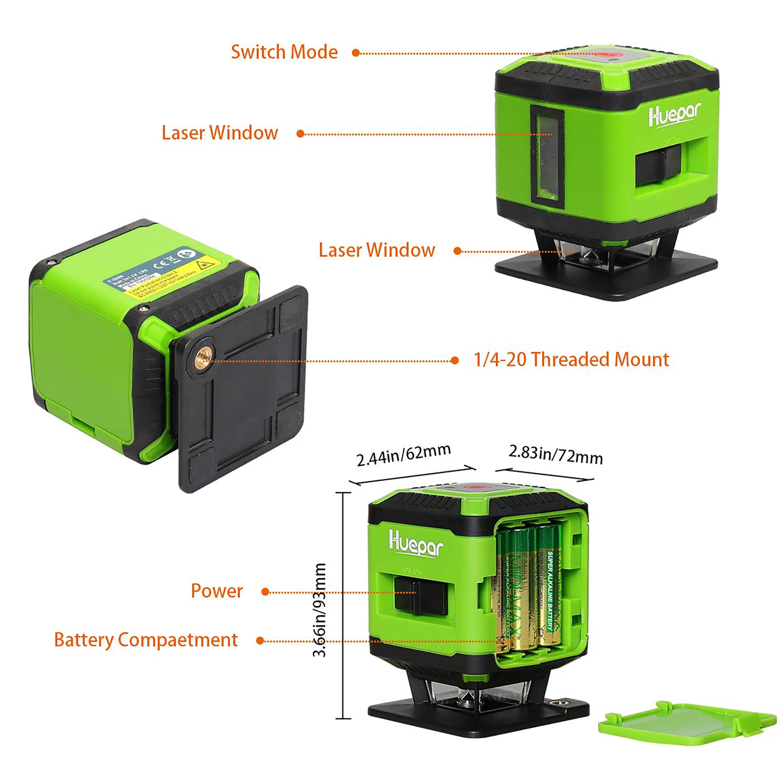 Nivel láser de líneas cruzadas autonivelante verde de 360 grados Huepar FL360G de 98 pies