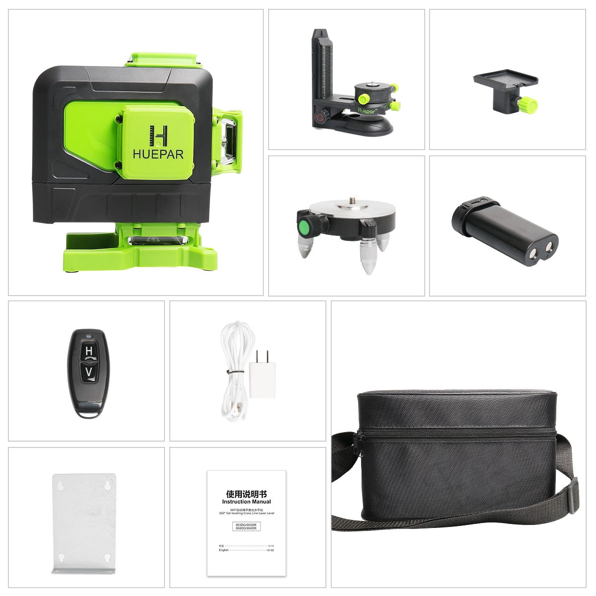 Nivel láser de líneas cruzadas autonivelante de 360 grados verde Huepar 903DG con alcance de 165 pies