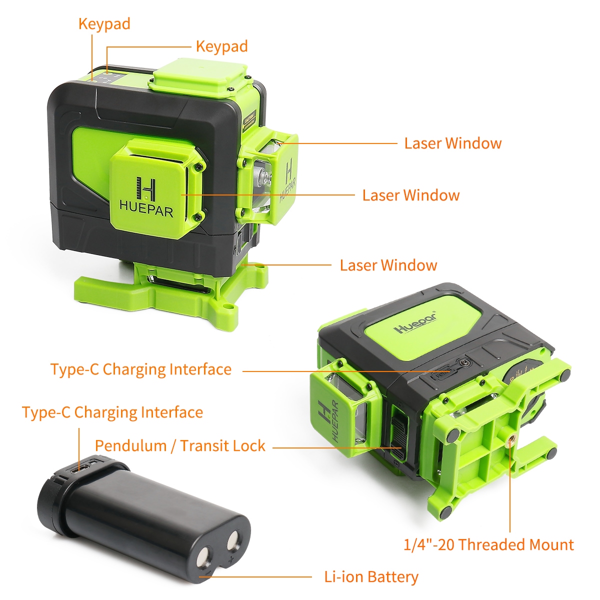 Nivel láser de líneas cruzadas autonivelante de 360 grados verde Huepar 903DG con alcance de 165 pies