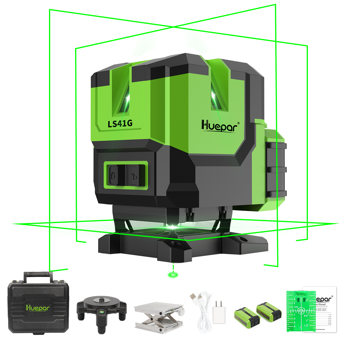 Nivel láser de líneas cruzadas autonivelante Huepar LS41G verde con alcance de 200 pies y 360 grados.