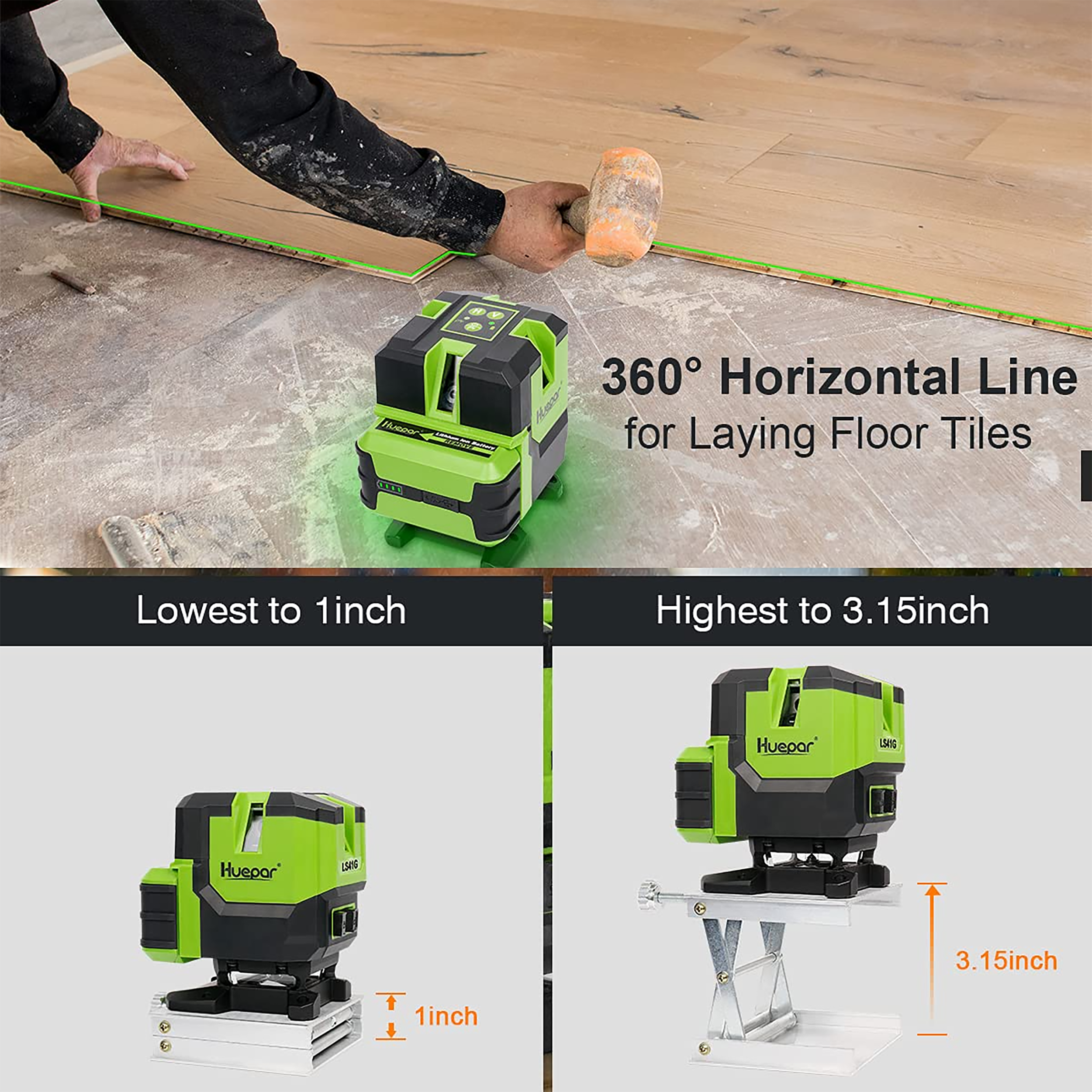 Nivel láser de líneas cruzadas autonivelante Huepar LS41G verde con alcance de 200 pies y 360 grados.