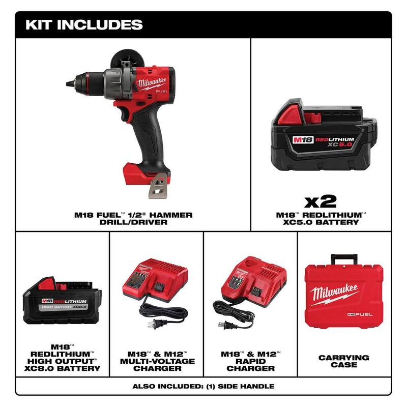 Milwaukee M18 FUEL 18V Taladro Percutor Inalámbrico sin Escobillas de Ion de Litio de 1/2 pulg. con Kit de Batería de 8.0Ah y Cargador - 2904-22-48-59-1880