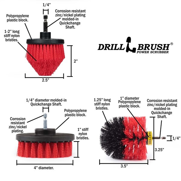 Cepillo Taladro Power Scrubber de Useful Products 5 pulgadas de ancho 5 pulgadas de largo, Rojo - R-S-4CO-QC-DB