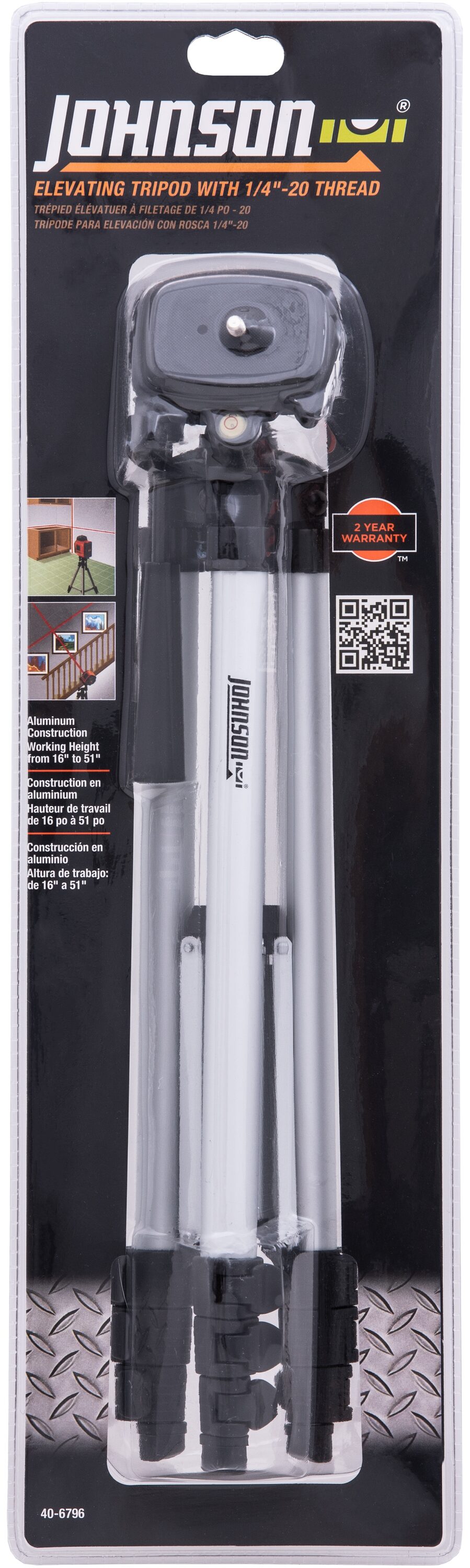 Trípode de aluminio Johnson Level con columna central extensible, altura de trabajo de 16 a 51 pulgadas 40-6796.