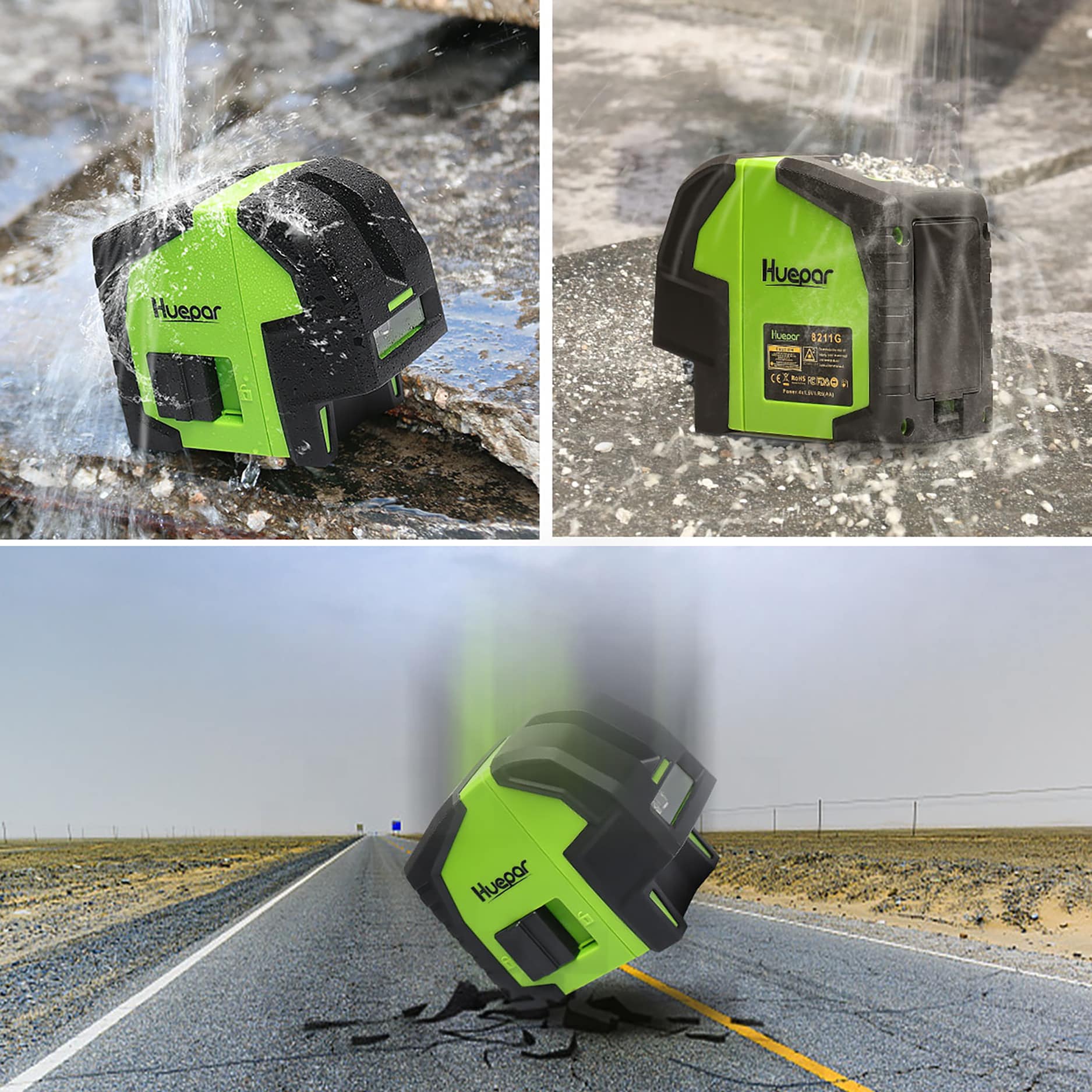 Nivel láser Huepar 8211G de autonivelación verde con líneas cruzadas y puntos de plomada de 165 pies.