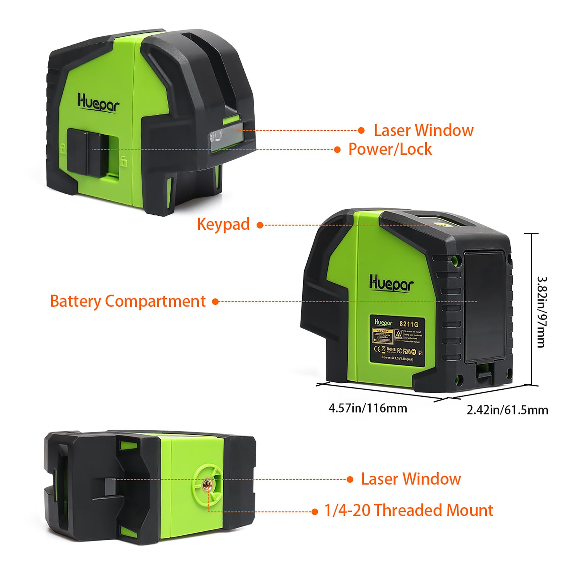 Nivel láser Huepar 8211G de autonivelación verde con líneas cruzadas y puntos de plomada de 165 pies.