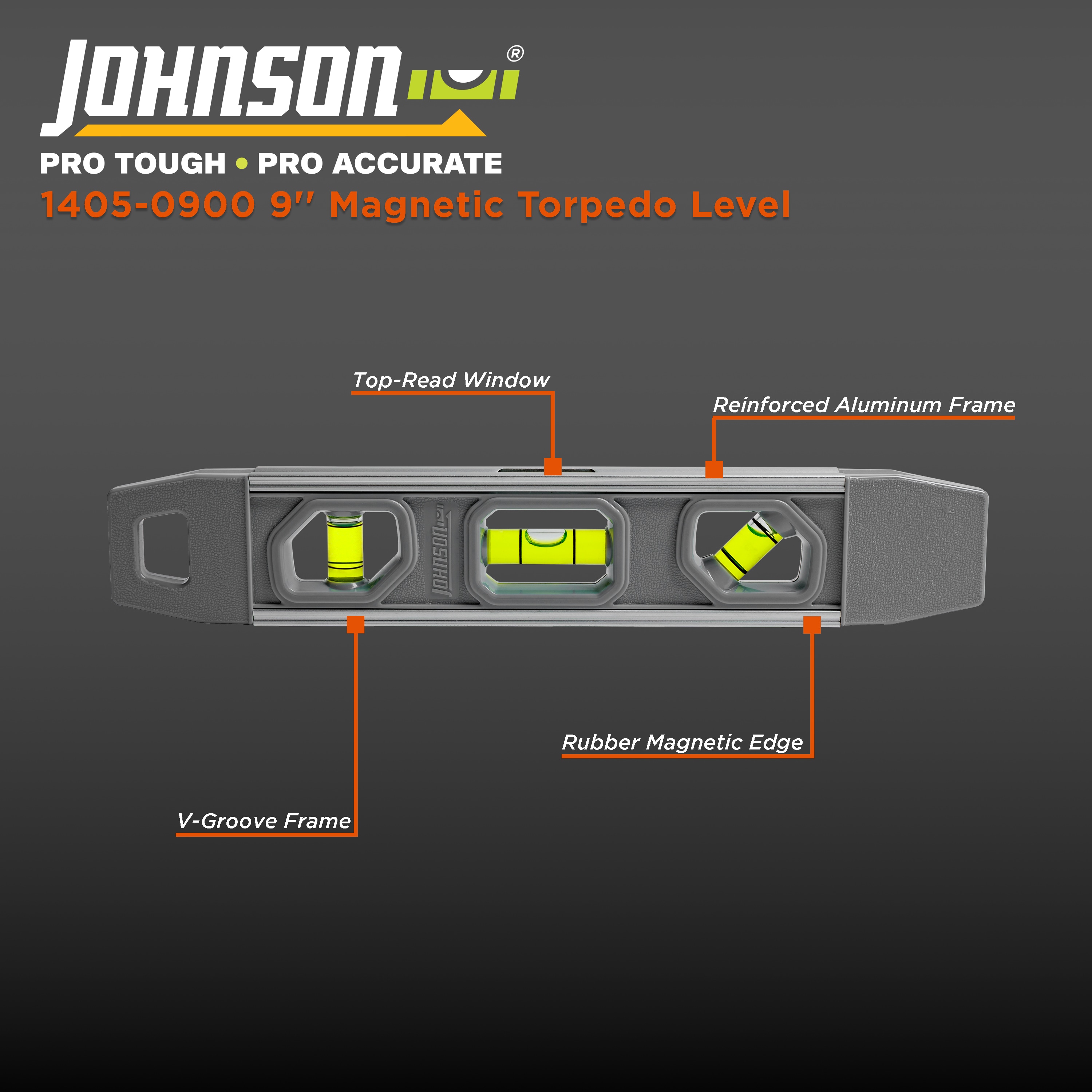 Nivel de aluminio Johnson de 9 pulgadas con 3 burbujas y nivel torpedo magnético 1405-0900.