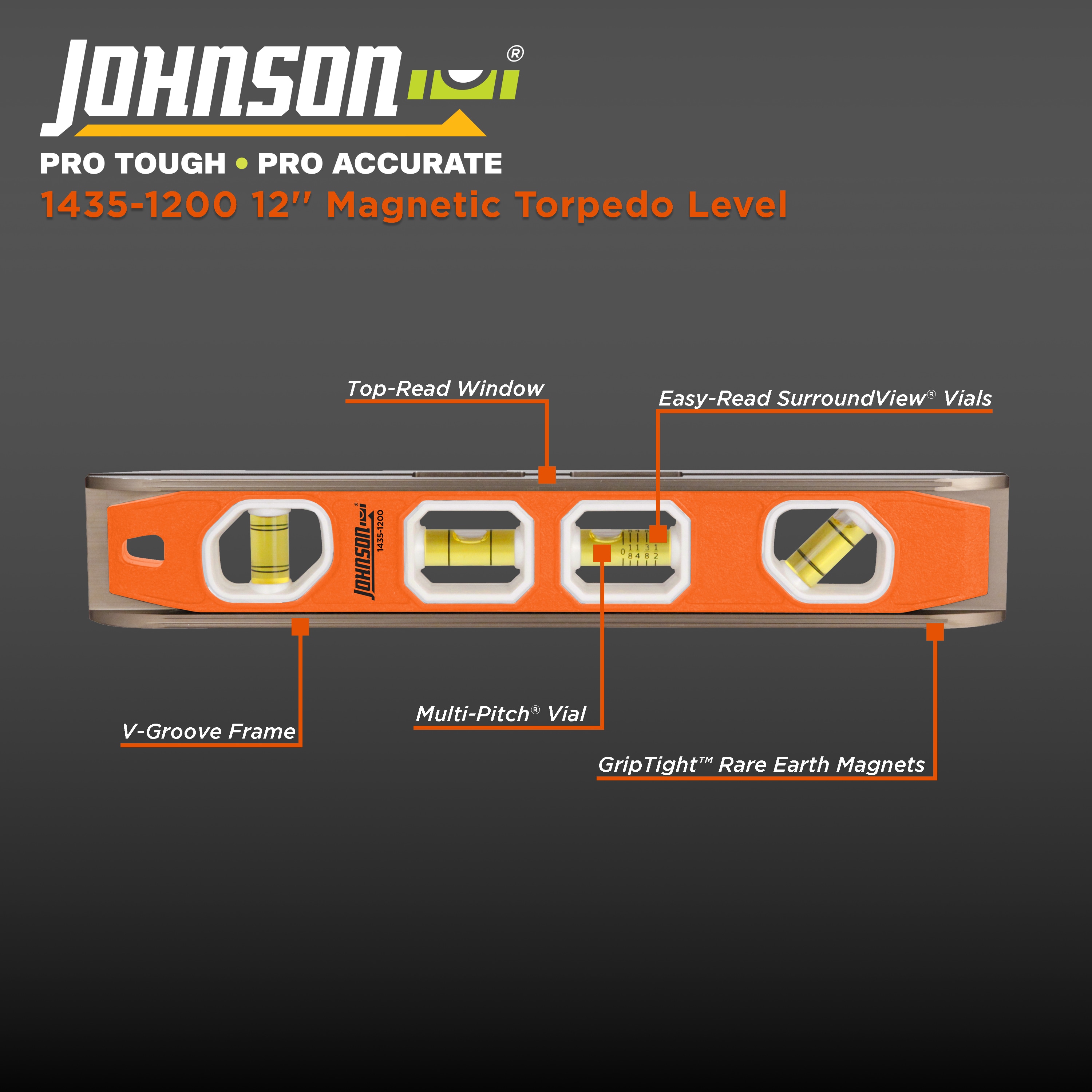 Nivel de Aluminio Johnson de 12 pulgadas con 4 Viales y Imán Modelo 1435-1200