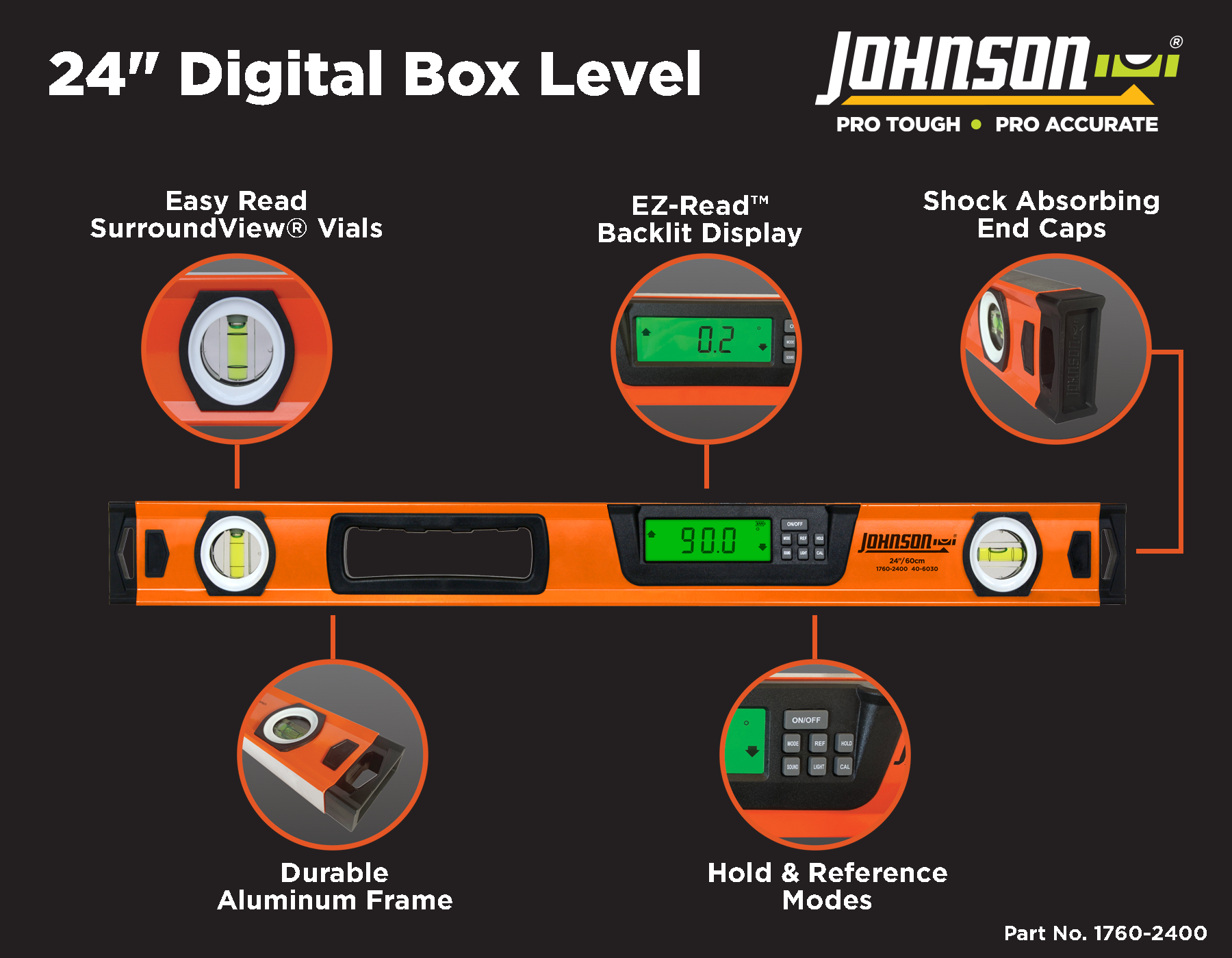 Nivel de burbuja de viga en caja de aluminio Johnson Level de 24 pulgadas con 2 viales 1760-2400