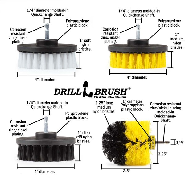 Cepillo para taladro Power Scrubber de Useful Products 7 pulgadas de ancho, 5 pulgadas de largo, variedad - S-4WYK-OY-QC-DB