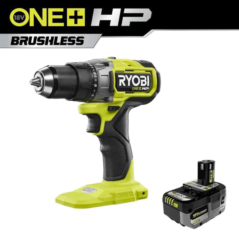 RYOBI ONE+ HP Taladro/destornillador inalámbrico sin escobillas de 18V con batería de alto rendimiento de 4.0 Ah de iones de litio - PBLDD01B-PBP004
