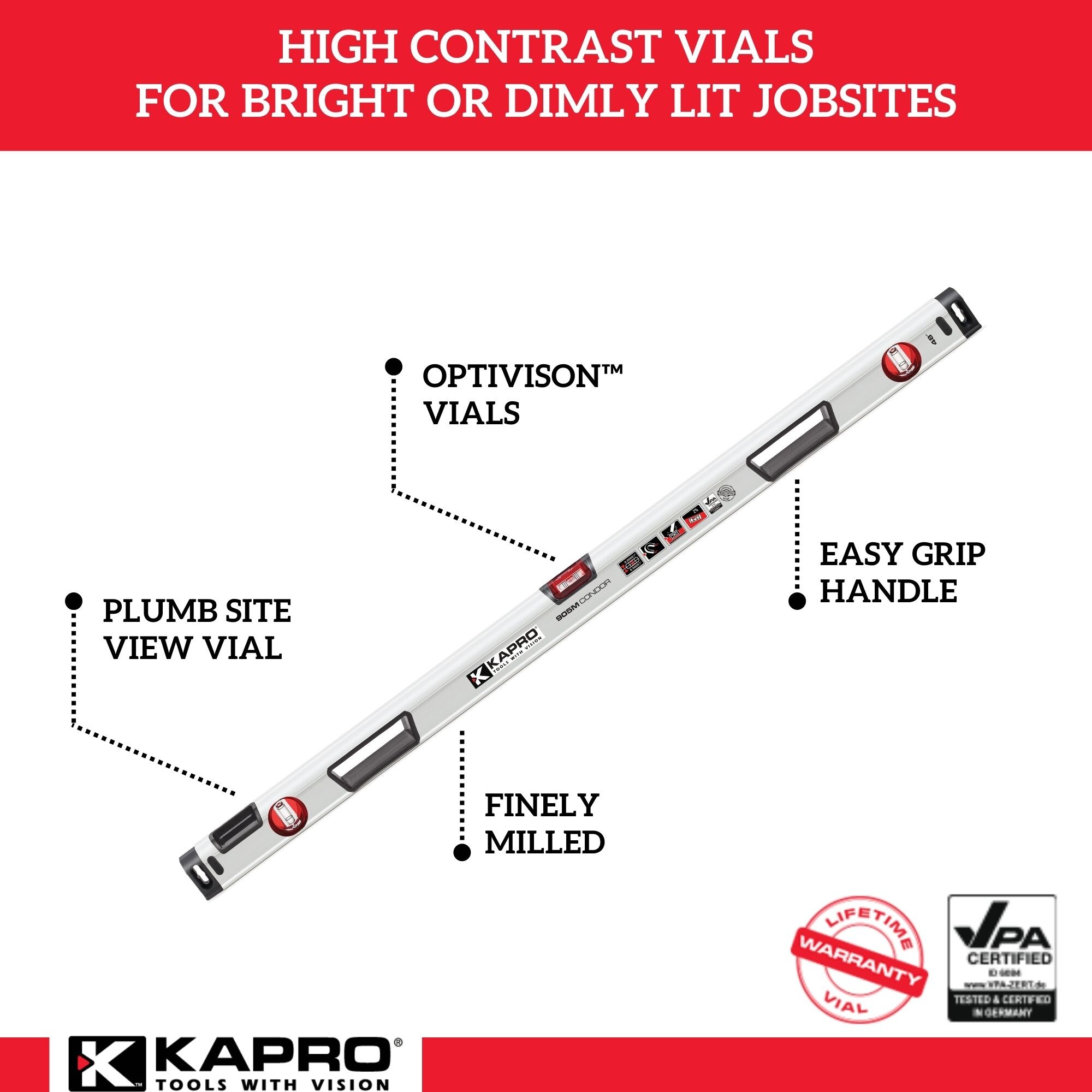 Nivel de viga de caja de aluminio Kapro 48 pulgadas con 3 niveles de burbuja 905-41-48
