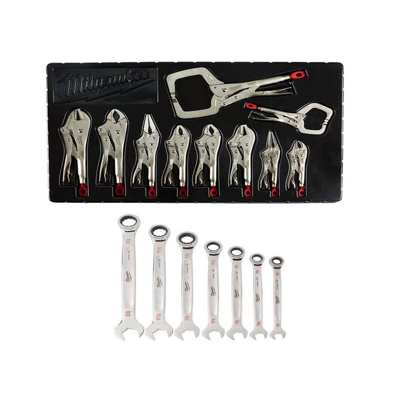 Juego de herramientas mecánicas Milwaukee SAE Combination Ratcheting Wrench y Torque Lock Locking Pliers (17 piezas) - 48-22-9406-48-22-3690
