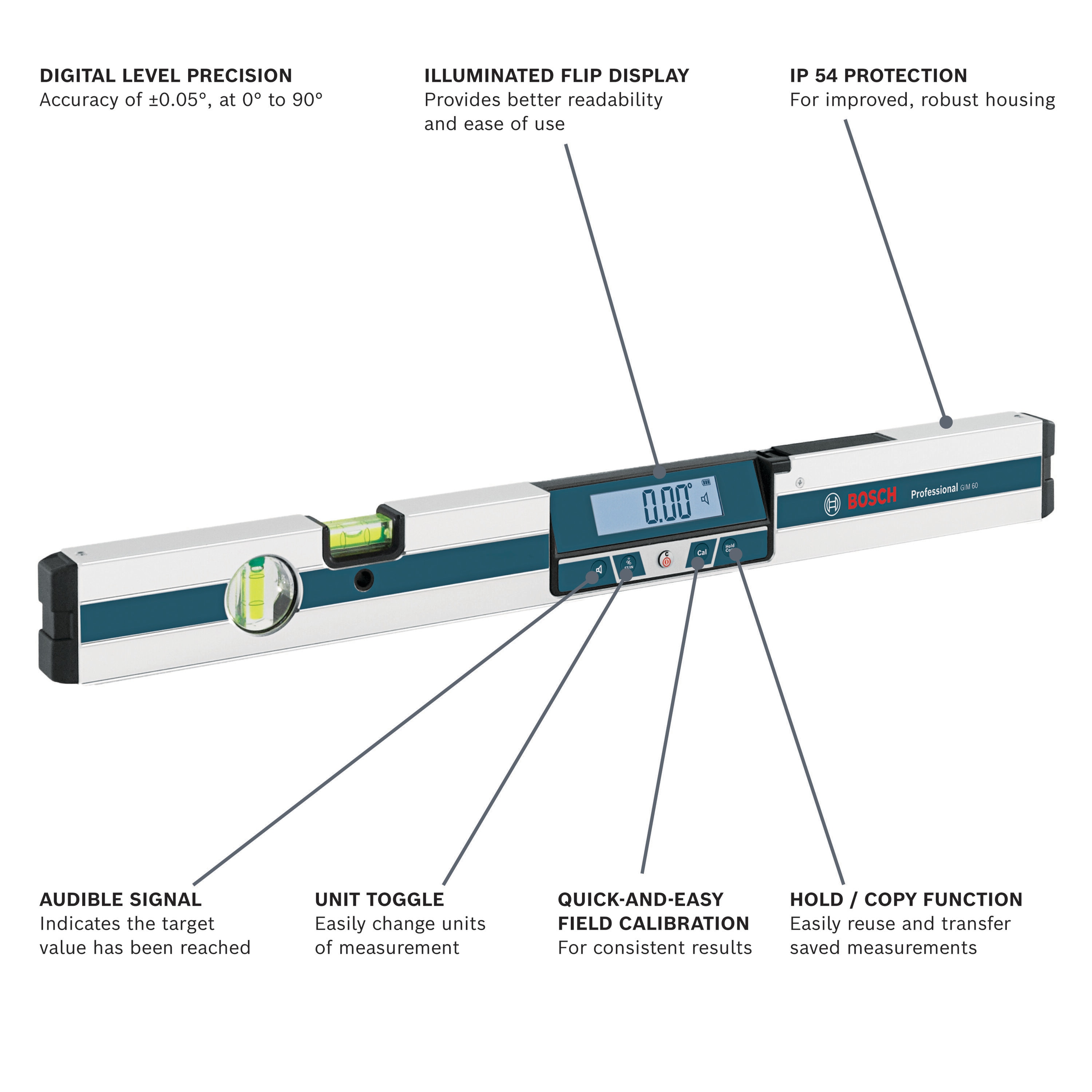 Nivel de aluminio Bosch 24.0 pulgadas con 2 vías de nivelación en línea/superficie GIM 60