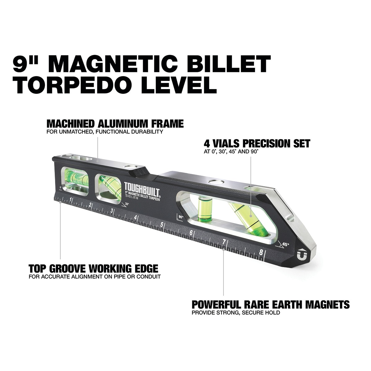 Nivel de burbuja magnético TOUGHBUILT de aluminio de 9 pulgadas con 4 burbujas TB-H2-L-9T-M
