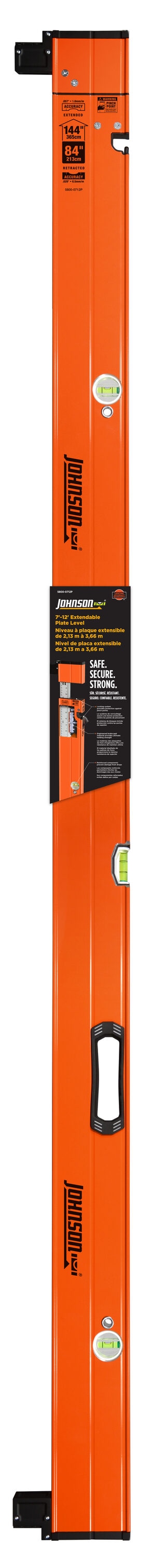 Nivel de placa extensible Johnson Aluminum 144 pulgadas con 3 viales 5800-0712P