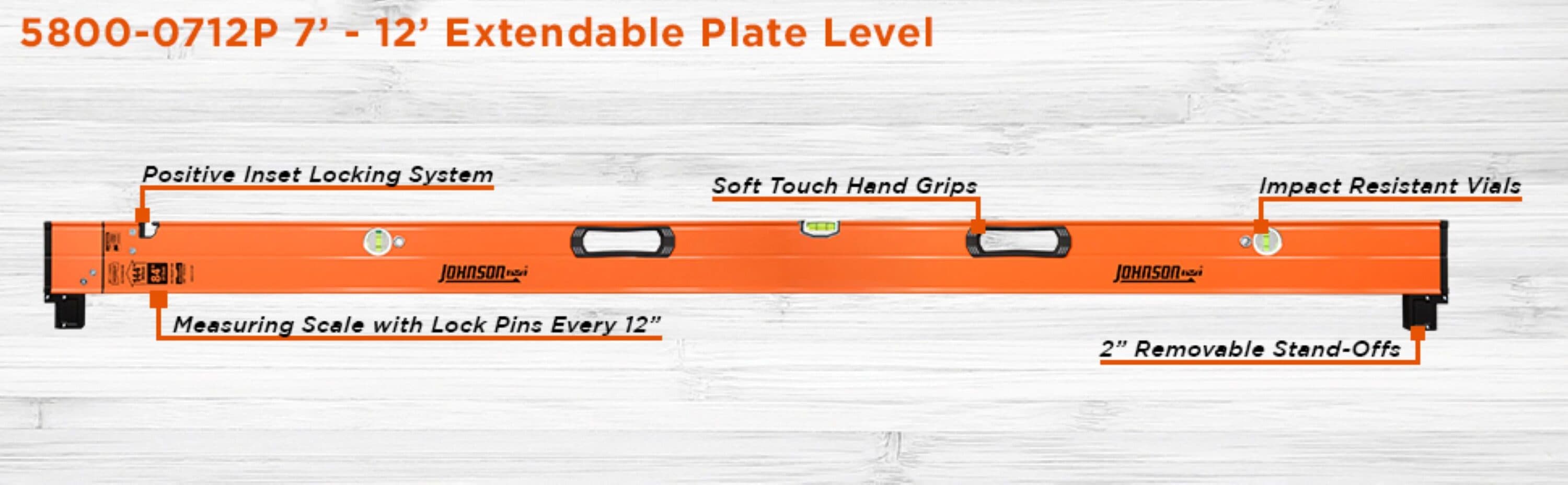 Nivel de placa extensible Johnson Aluminum 144 pulgadas con 3 viales 5800-0712P