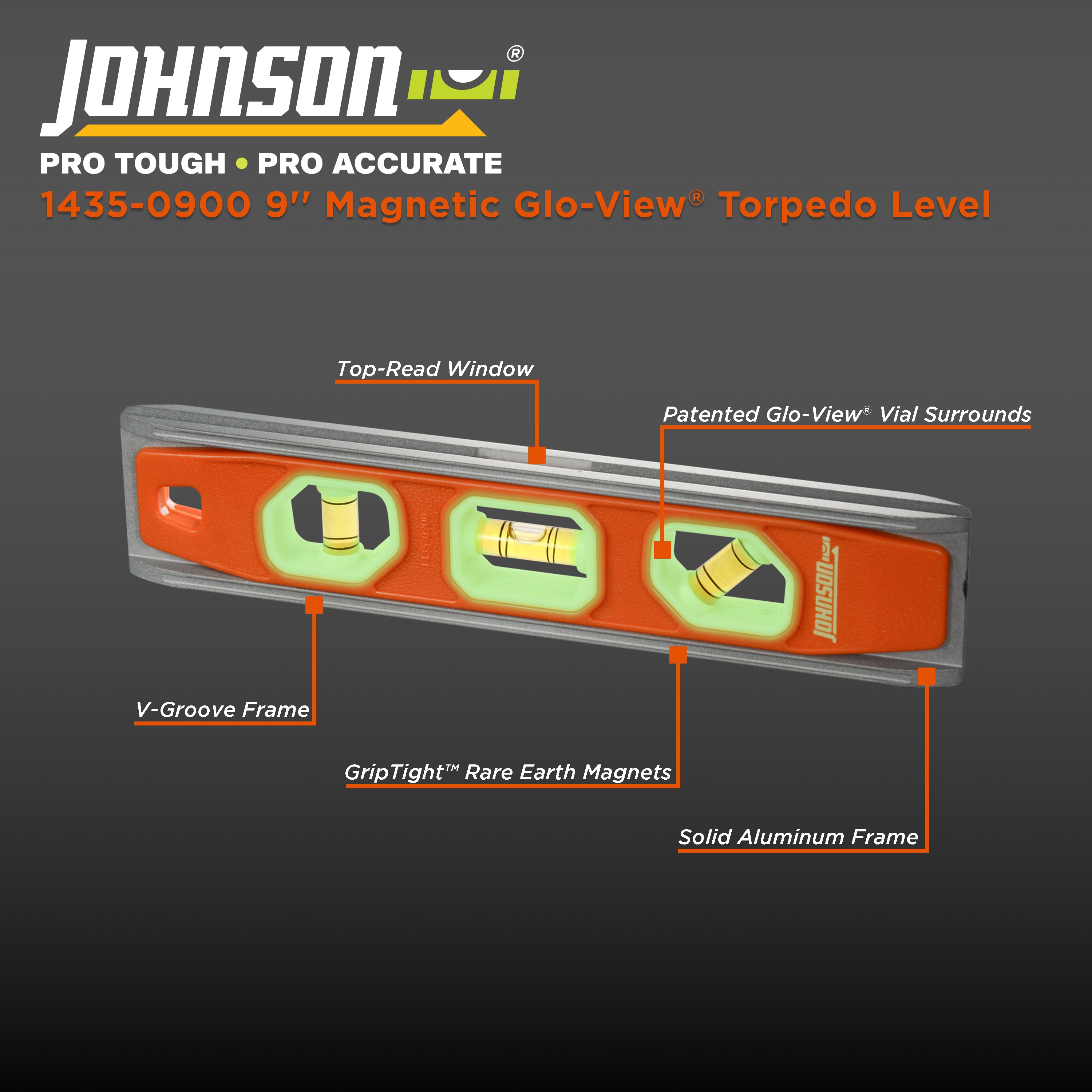 Nivel de torpedo magnético Johnson Level de plástico de 9 pulgadas con 3 viales 1435-0900