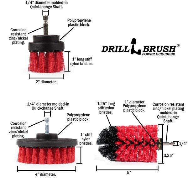 Cepillo Taladro Power Scrubber de Useful Products 5 pulgadas de ancho 7 pulgadas de largo, Rojo - R-S-42J-QC-DB