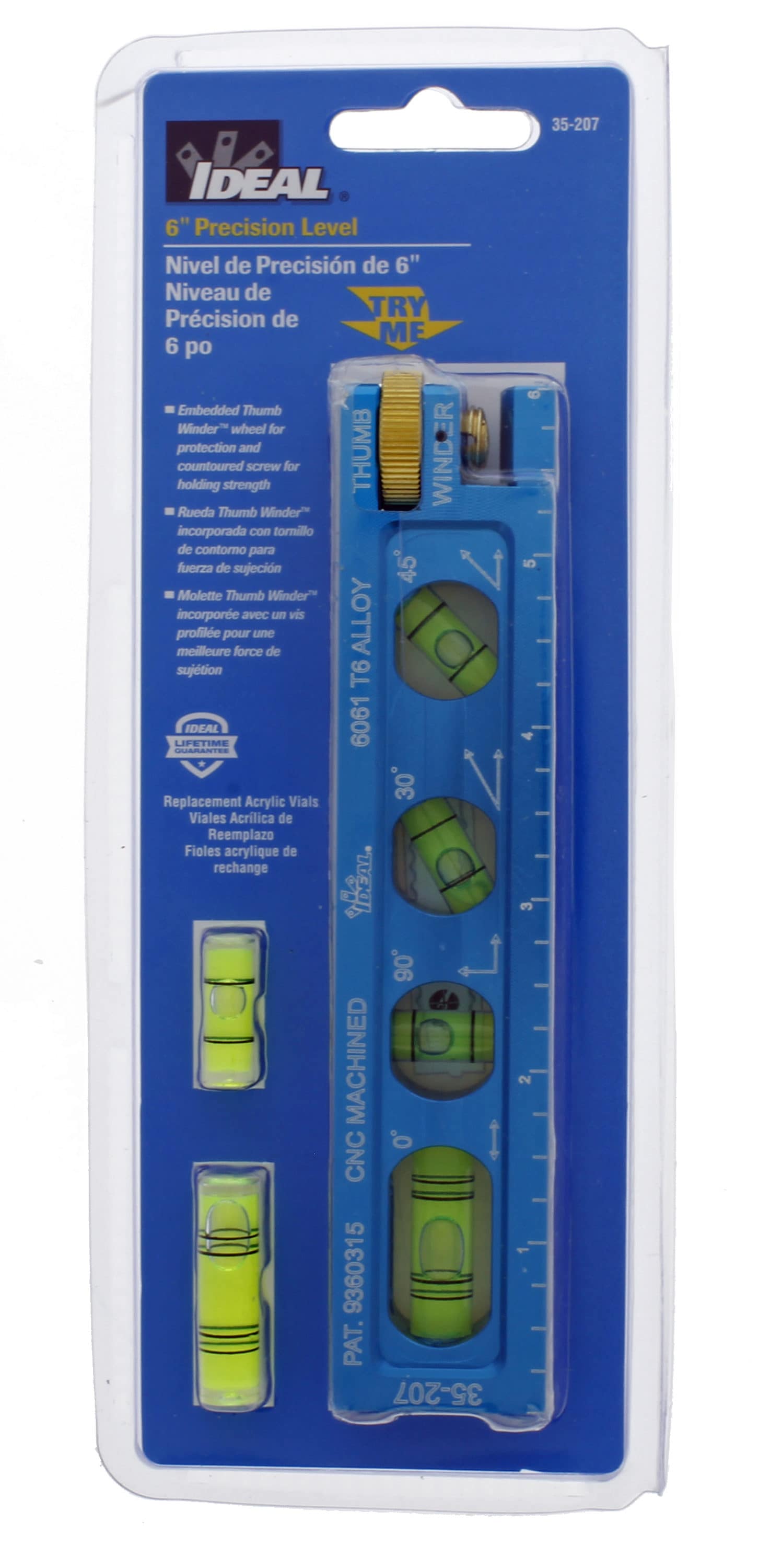 Nivel de conducto magnético de aluminio IDEAL de 6.0 pulgadas con 4 viales, modelo 35-207