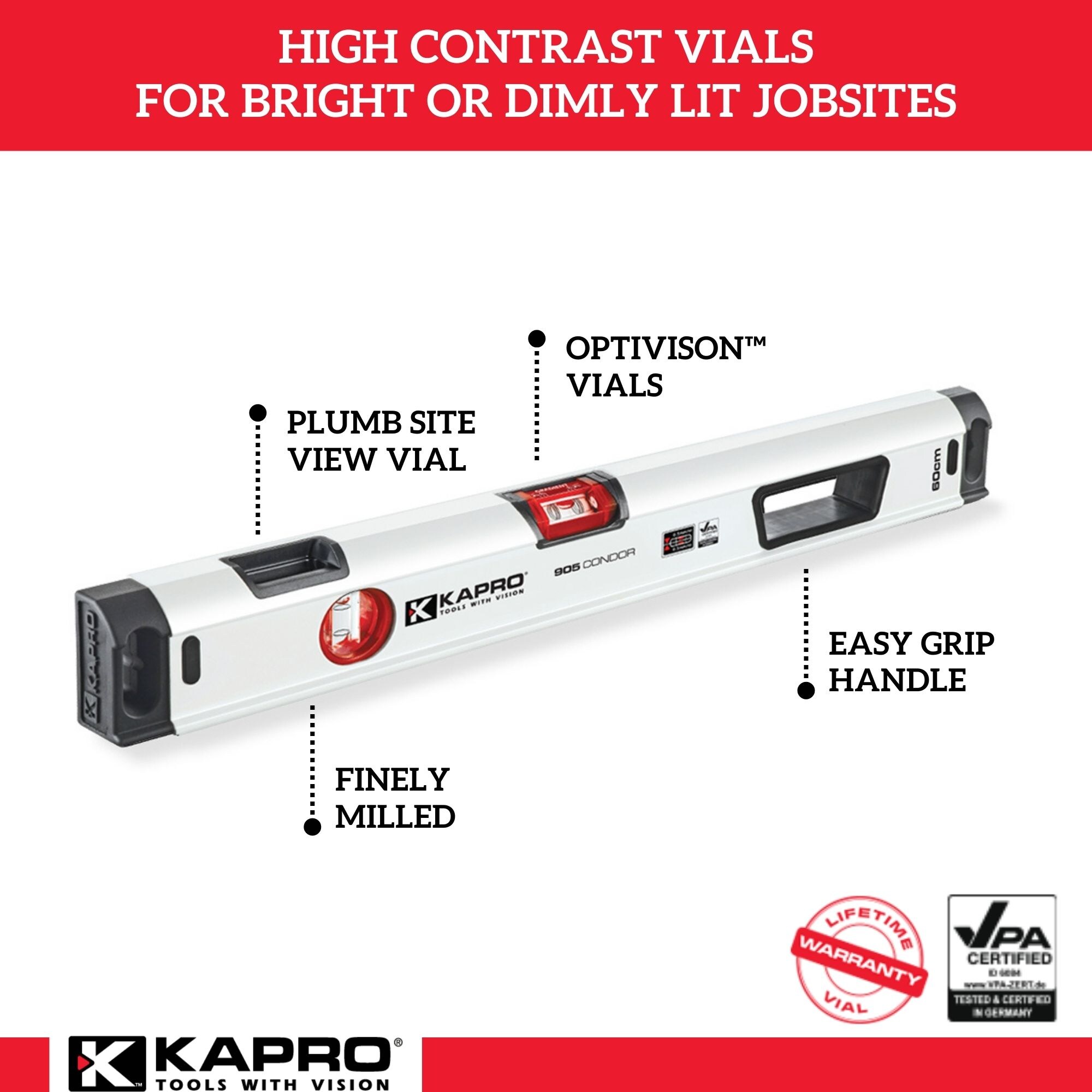 Nivel de burbuja Kapro Aluminum de 24 pulgadas con 3 viales y viga de caja modelo 905-41-24