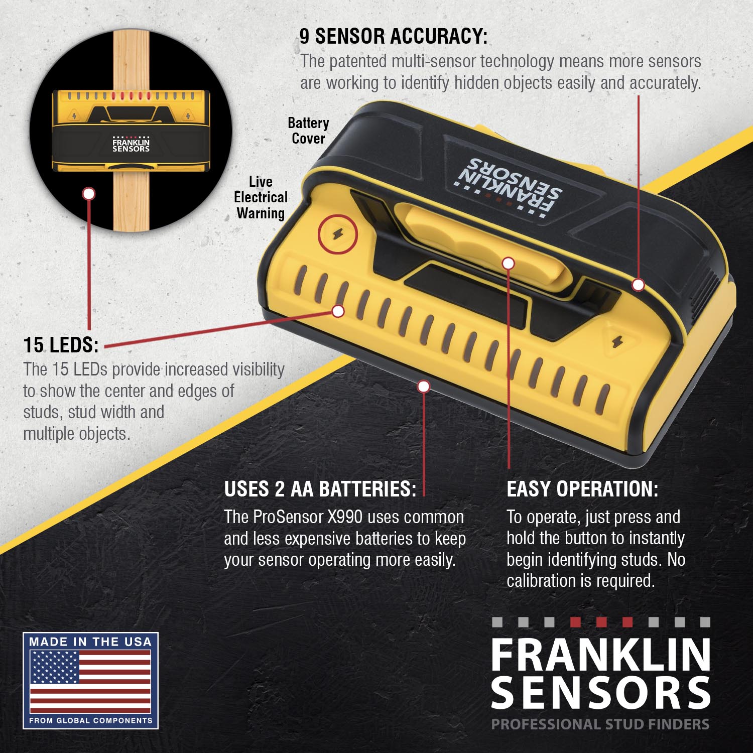 Localizador de montantes de metal y madera Franklin Sensors ProSensor X990 con escaneo de profundidad de 1.5 pulgadas FSX99002.
