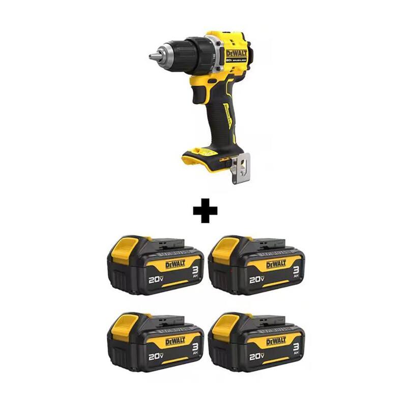 DEWALT Atomic Taladro inalámbrico Brushless de 20 voltios Max de ion de litio de 1/2 pulgada con (4) paquetes de baterías de 20 voltios Max Premium de 3.0 Ah - DCD794BWCB200-4