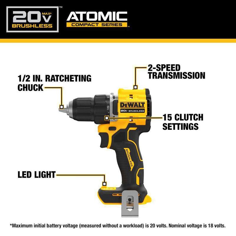 DEWALT Atomic Taladro inalámbrico Brushless de 20 voltios Max de ion de litio de 1/2 pulgada con (4) paquetes de baterías de 20 voltios Max Premium de 3.0 Ah - DCD794BWCB200-4