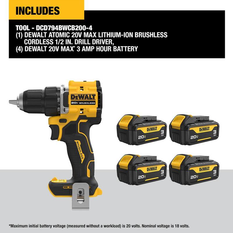 DEWALT Atomic Taladro inalámbrico Brushless de 20 voltios Max de ion de litio de 1/2 pulgada con (4) paquetes de baterías de 20 voltios Max Premium de 3.0 Ah - DCD794BWCB200-4