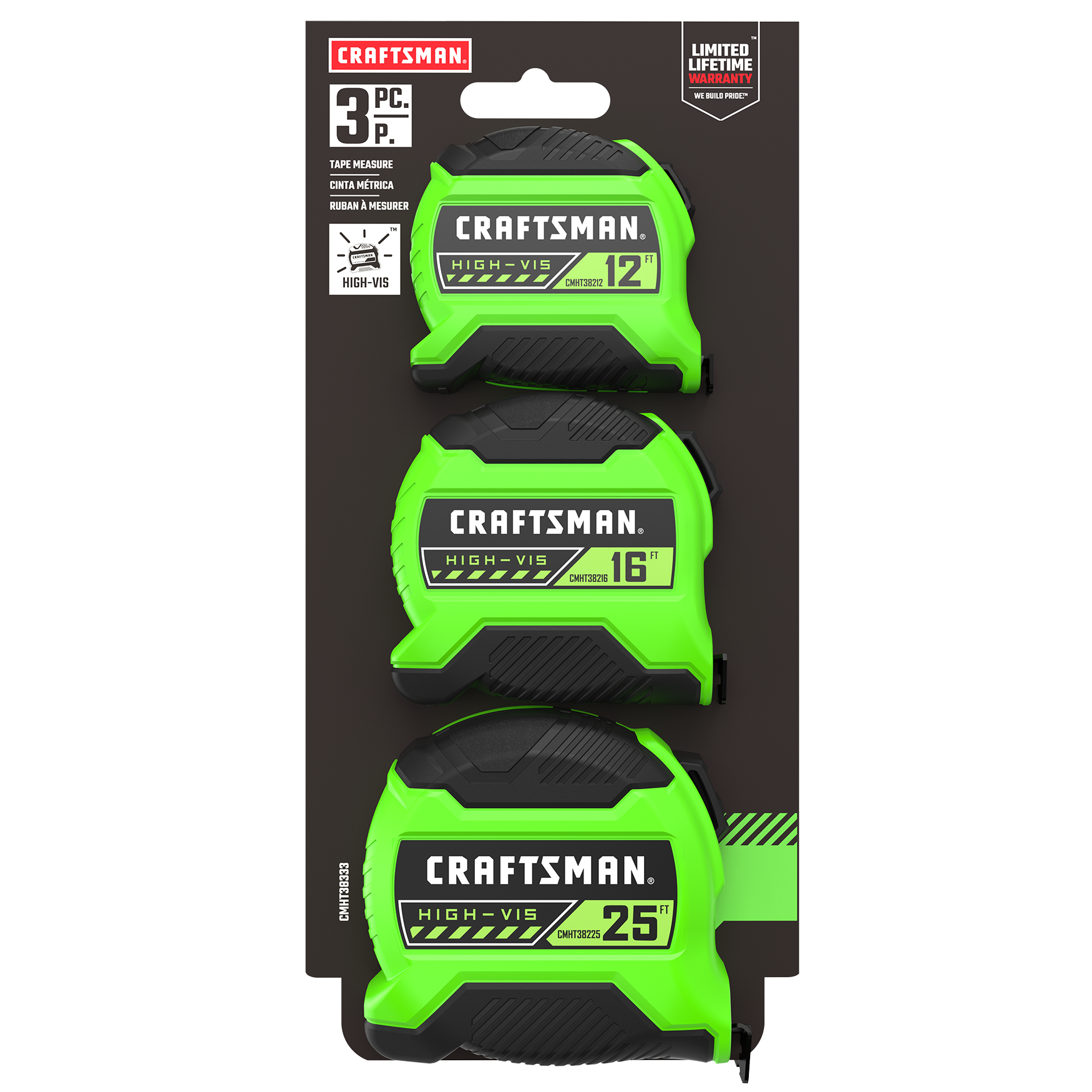 CRAFTSMAN Cinta Métrica HI-VIS 3-Pack de 12 pies 16 pies 25 pies Modelo CMHT38333L