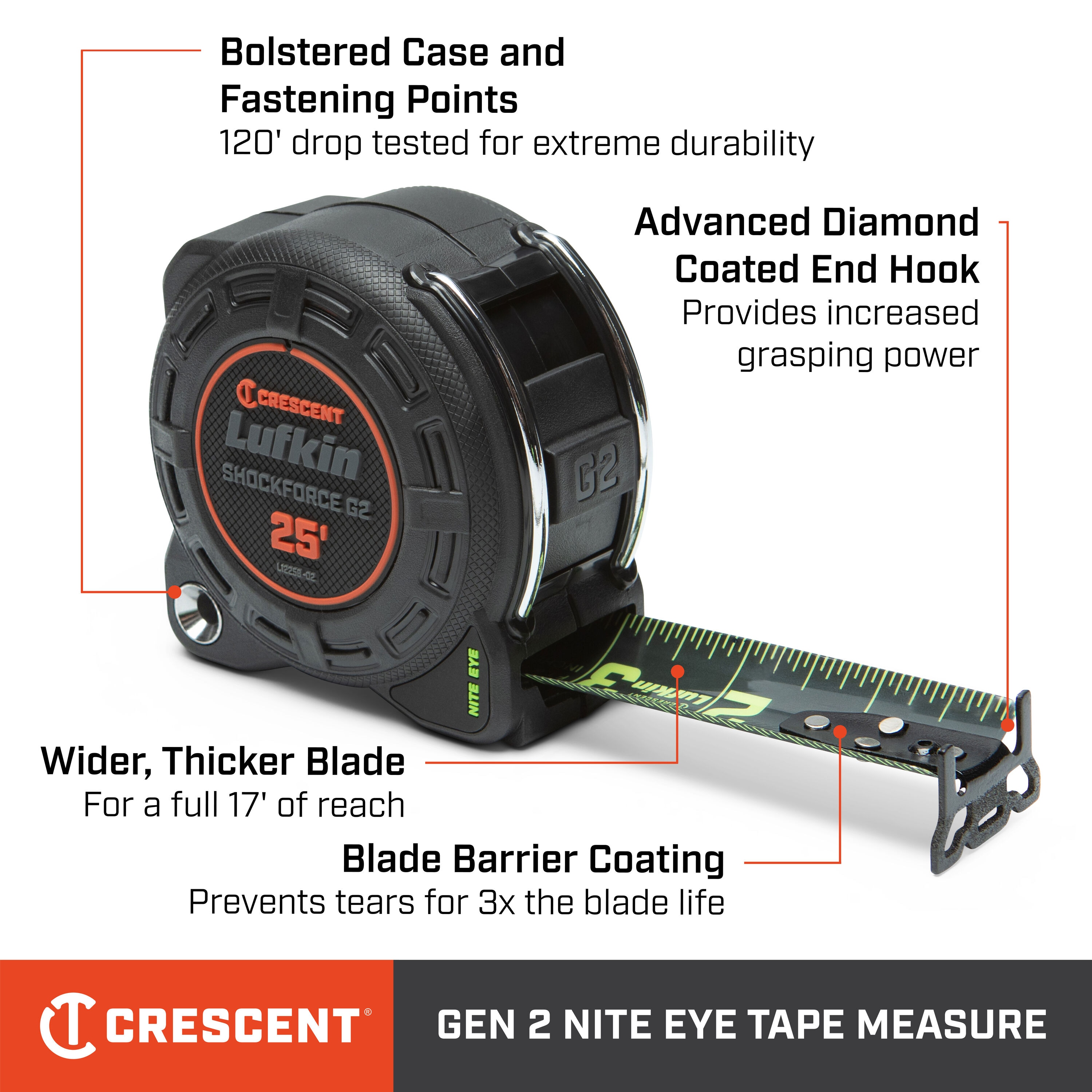 Cinta Métrica Crescent Lufkin Shockforce Nite Eye G2 de 25 pies Modelo L1225B-02