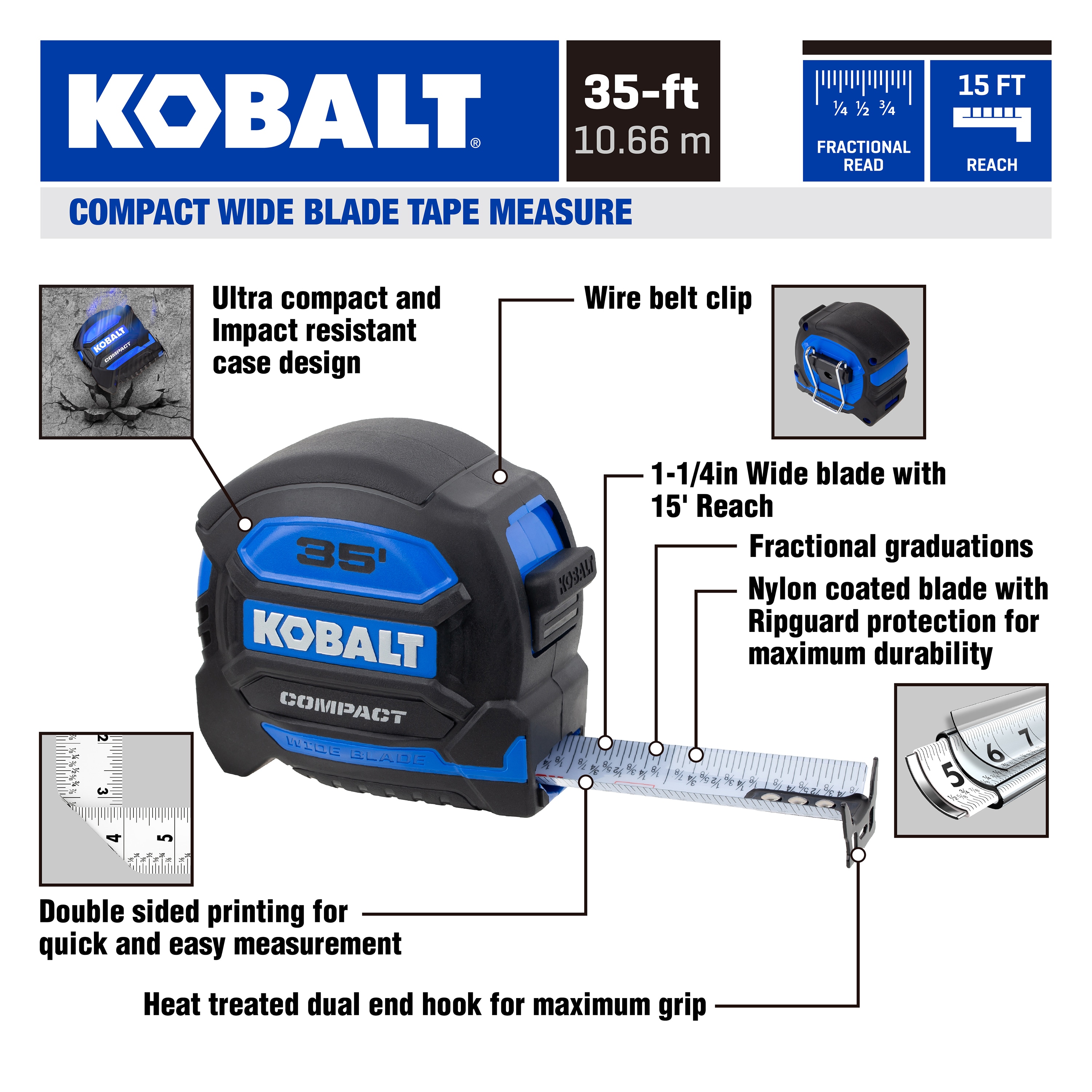 Medida de cinta Kobalt Compact de hoja ancha de 35 pies modelo KB97335