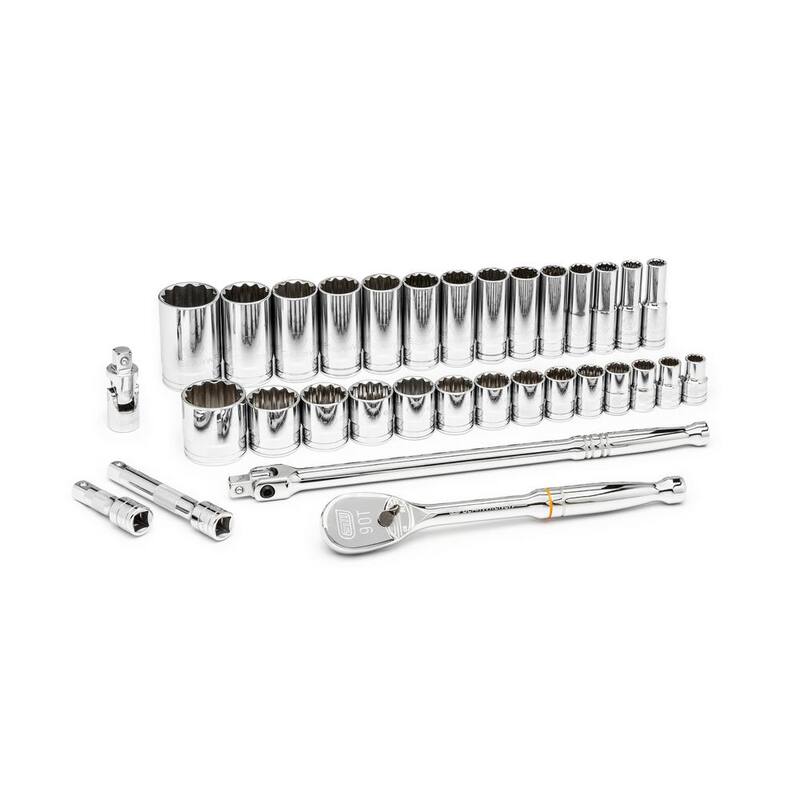 Set de herramientas mecánicas GEARWRENCH 1/2 pulgadas de unidad de trinquete de 12 puntas estándar y profunda SAE de 90 dientes con llaves de vaso (33 piezas) - 80714D