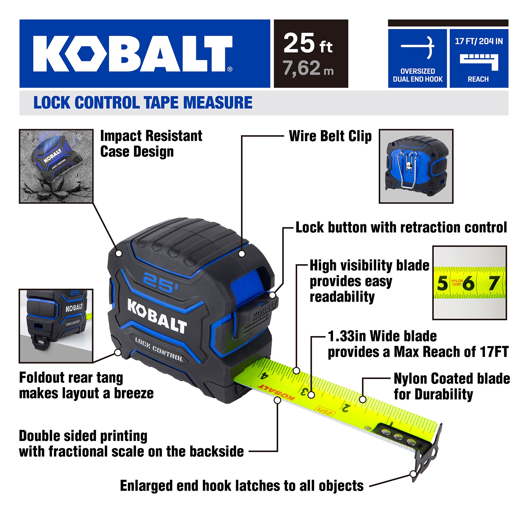 Cinta métrica de 25 pies Kobalt Lock Control KB99425