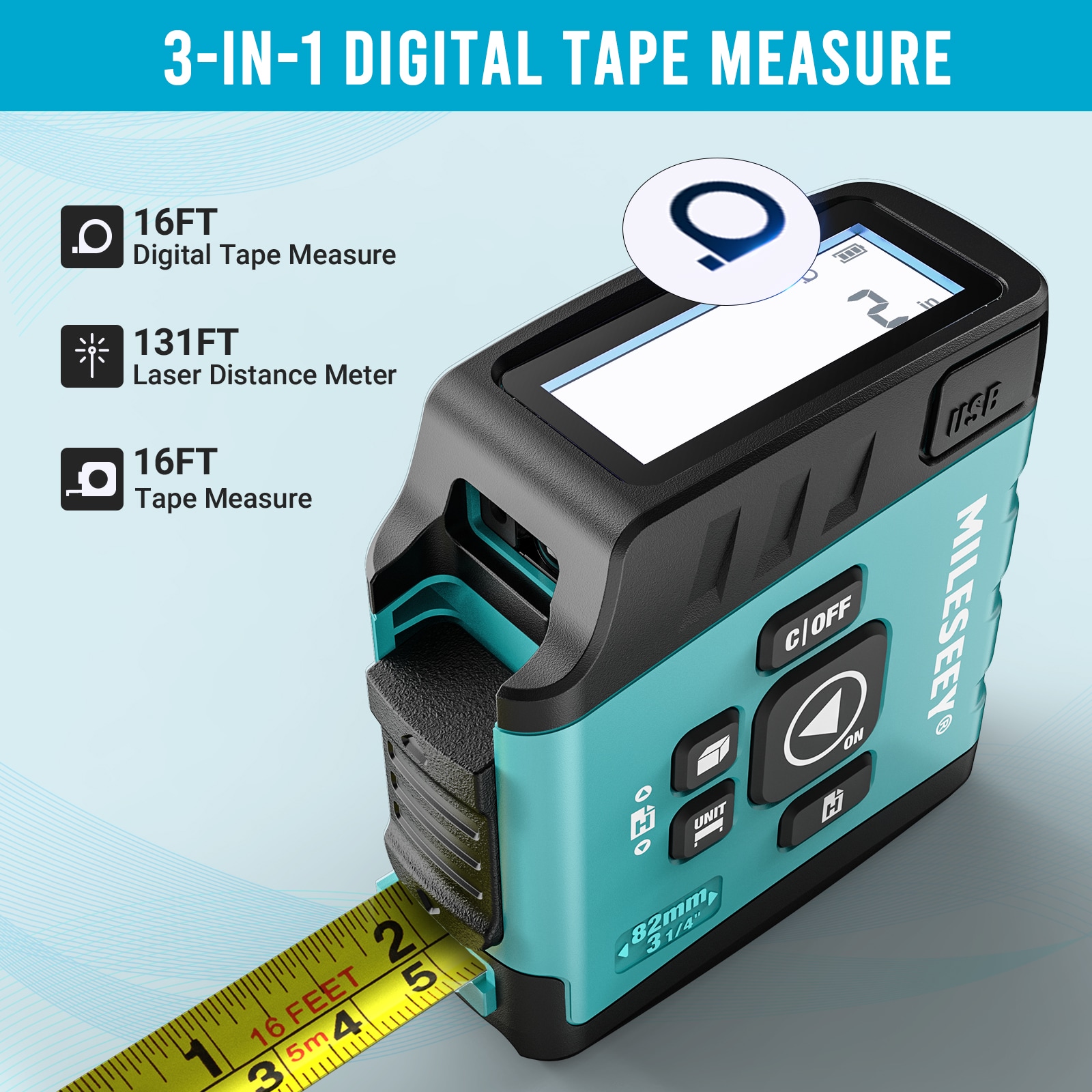 Medidor de distancia láser digital MILESEEY DT20 de 130 pies con cinta métrica automática de bloqueo de 16 pies DT20