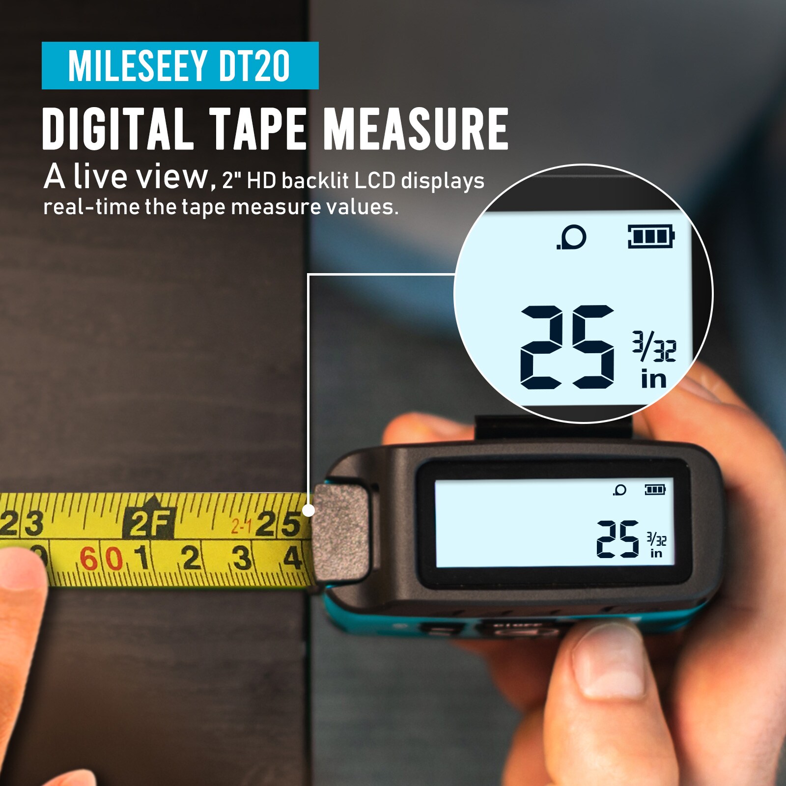 Medidor de distancia láser digital MILESEEY DT20 de 130 pies con cinta métrica automática de bloqueo de 16 pies DT20