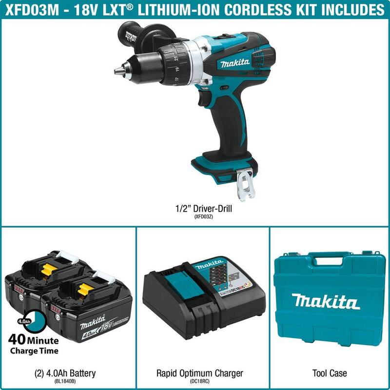 Makita 18V 4.0Ah LXT Lithium-Ion 1/2 in. Cordless Driver-Drill Kit - XFD03M

Traducción: Kit de destornillador-taladro inalámbrico Makita de 18V 4.0Ah LXT de 1/2 pulgadas con batería de ion de litio - XFD03M