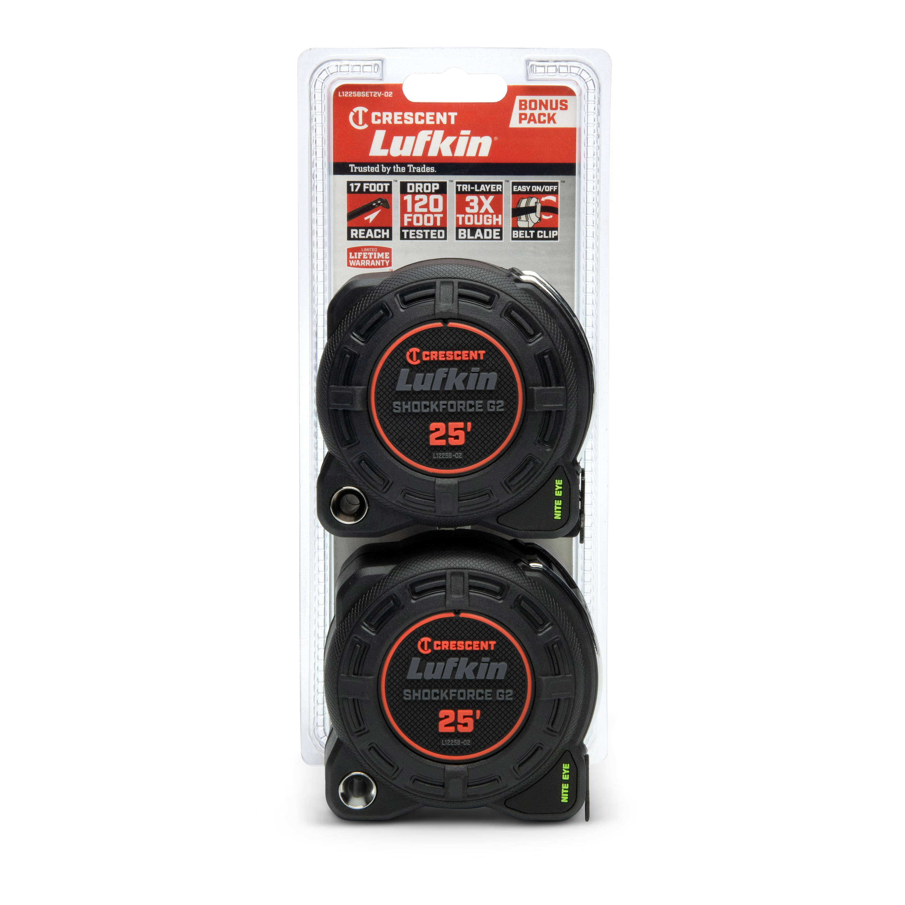 Cinta métrica de 25 pies Crescent Lufkin Shockforce Nite Eye G2 2-Pack L1225BSET2V-02