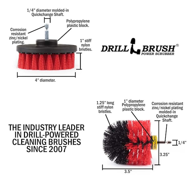 Cepillo eléctrico para taladro Drill Brush Power Scrubber de Useful Products 5 pulgadas de ancho 5 pulgadas de largo, rojo - R-S-4O-QC-DB